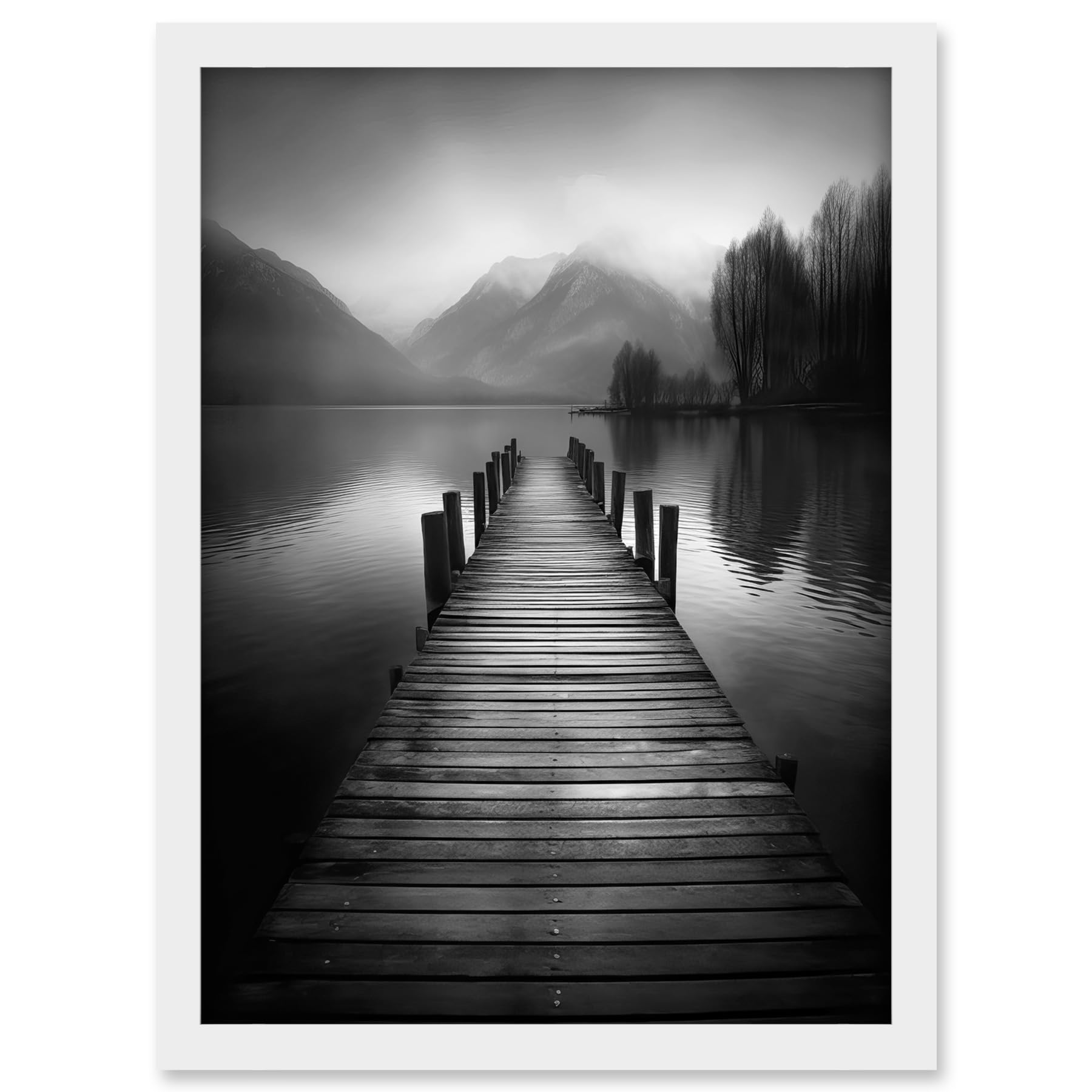 Artery8 Lake Pier Mountain Landscape Black and White Photo Artwork Framed A3 Wall Art Print