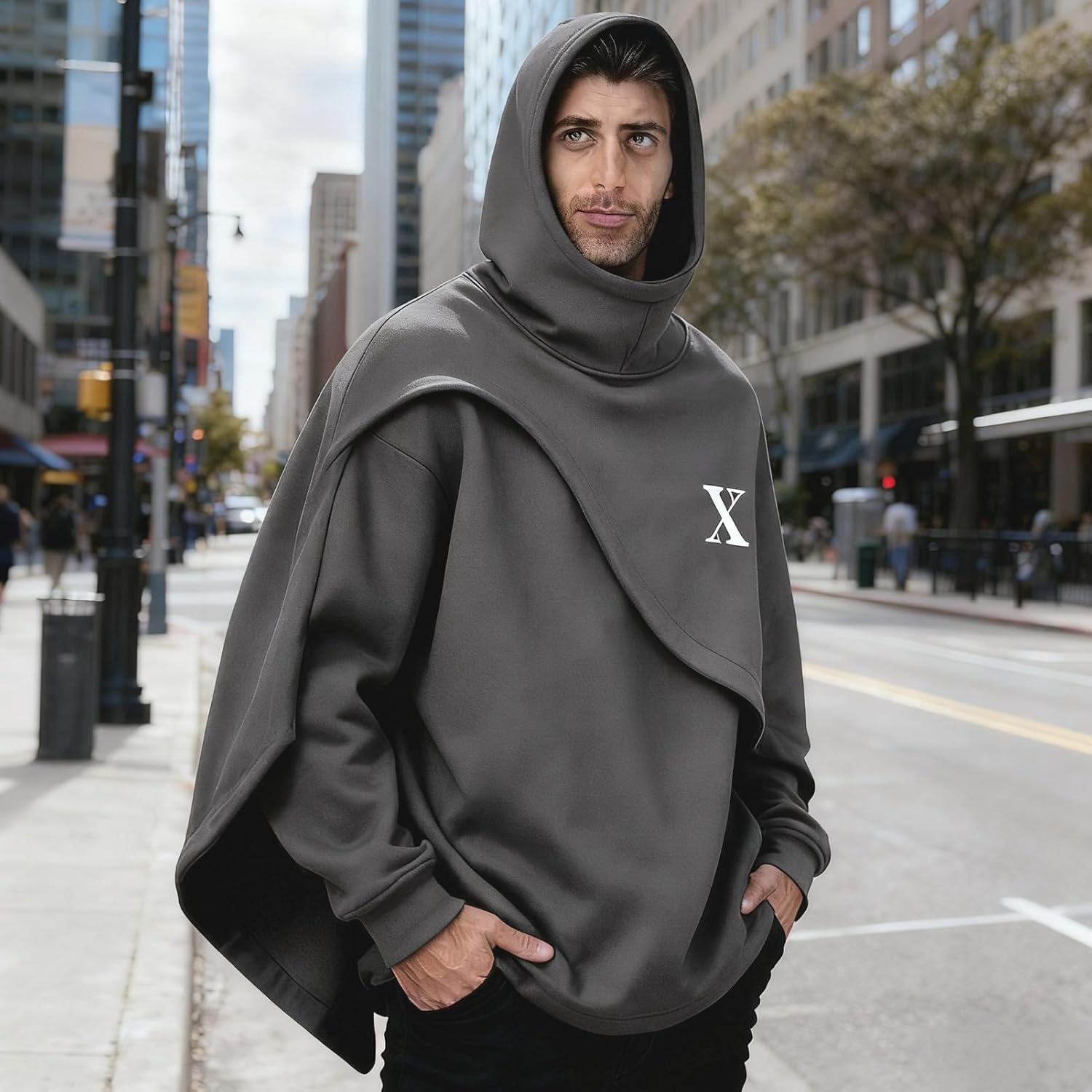 Men's Fashion Poncho Cape Cloak Hoodie Techwear Sweatshirts Unisex Lightweight Patchwork Hip Hop Casual Pullover