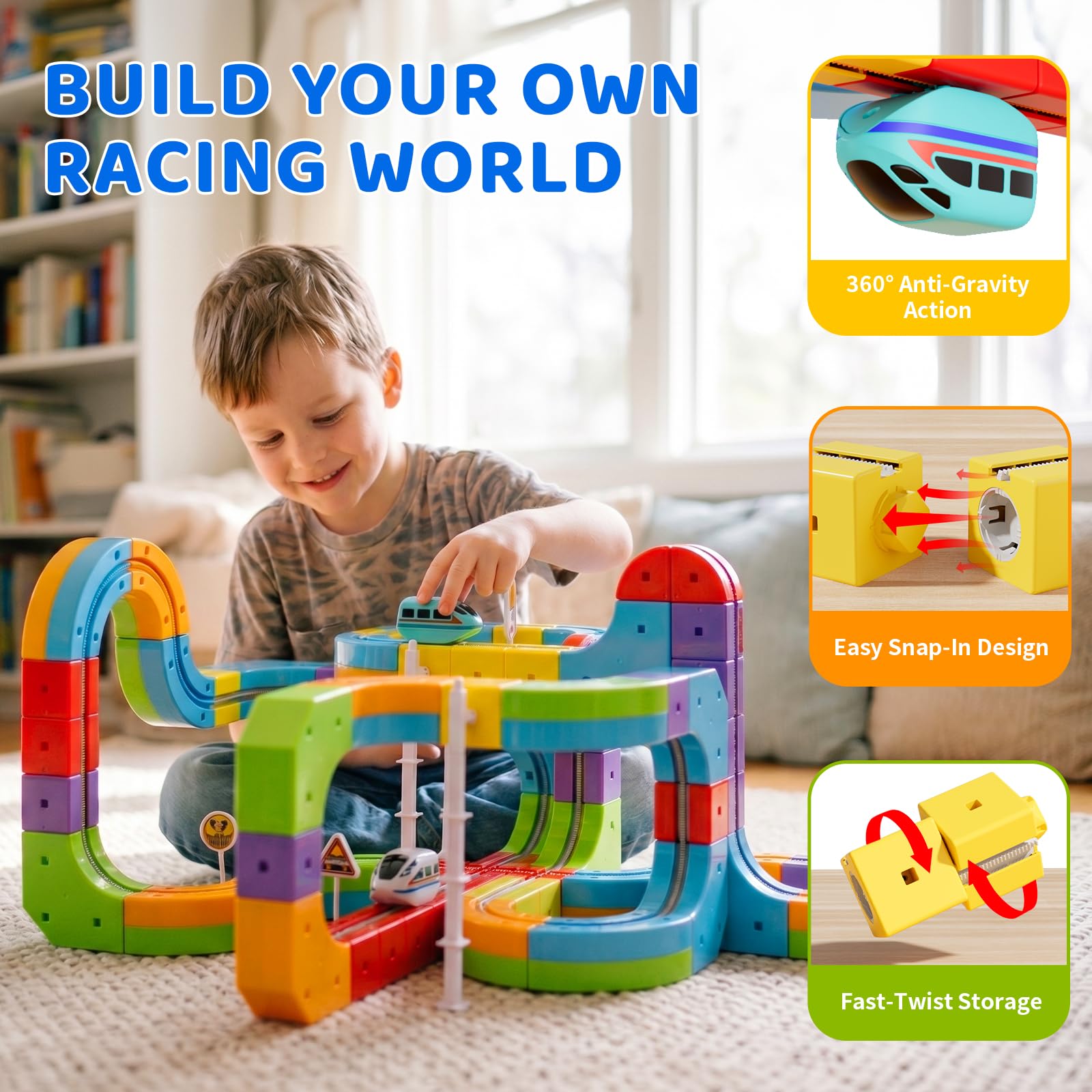 KlickRail - Kit de ferrocarril eléctrico de 88 piezas con coches motorizados y diseños 3D incrustados antigravitacionales. Juguete modular para niños de 3 a 8 años, 3-5, 6-7 años