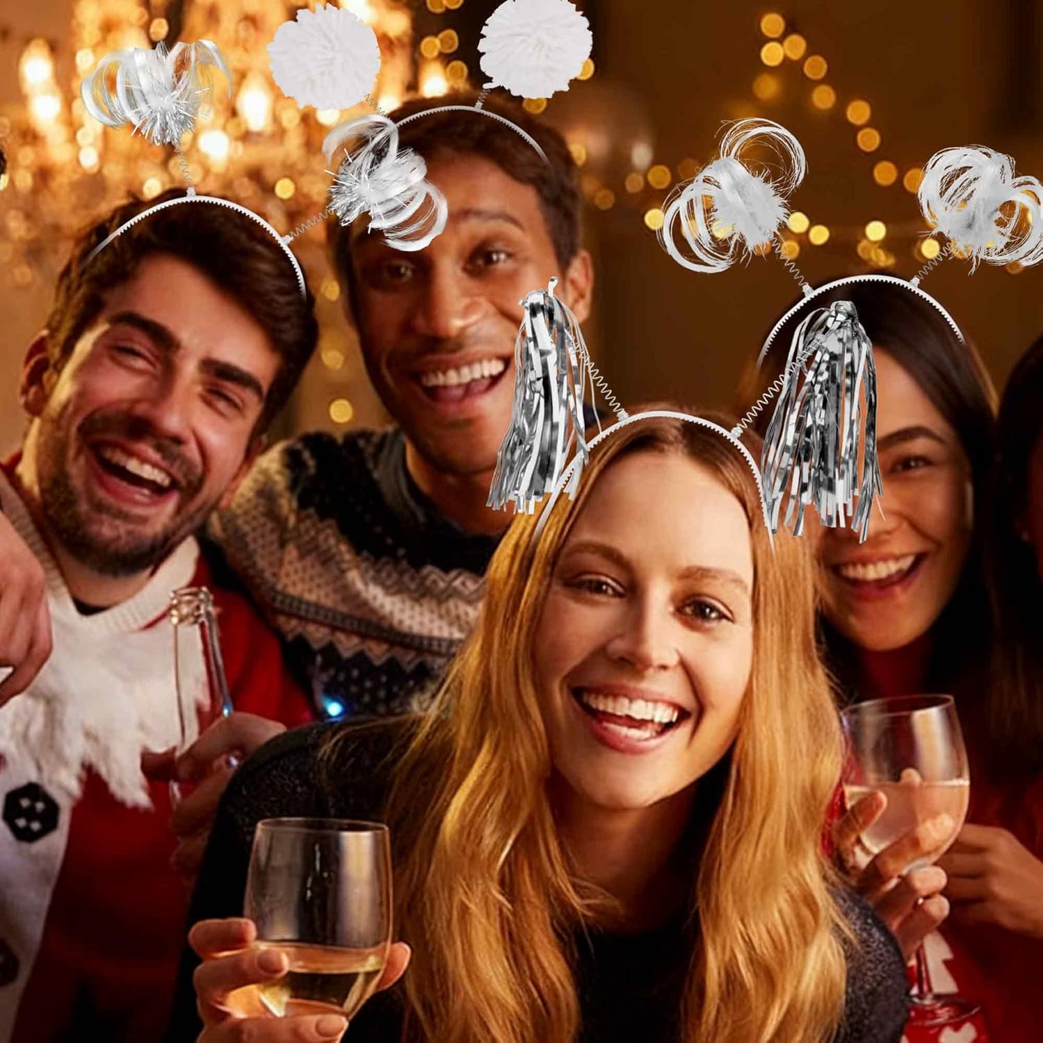 COCIDE 16Pcs Pom Pom Headbands Party Headbands Tinsel Wrapped Ponytails Headbopper Headwear for Birthday Festival - Image 4