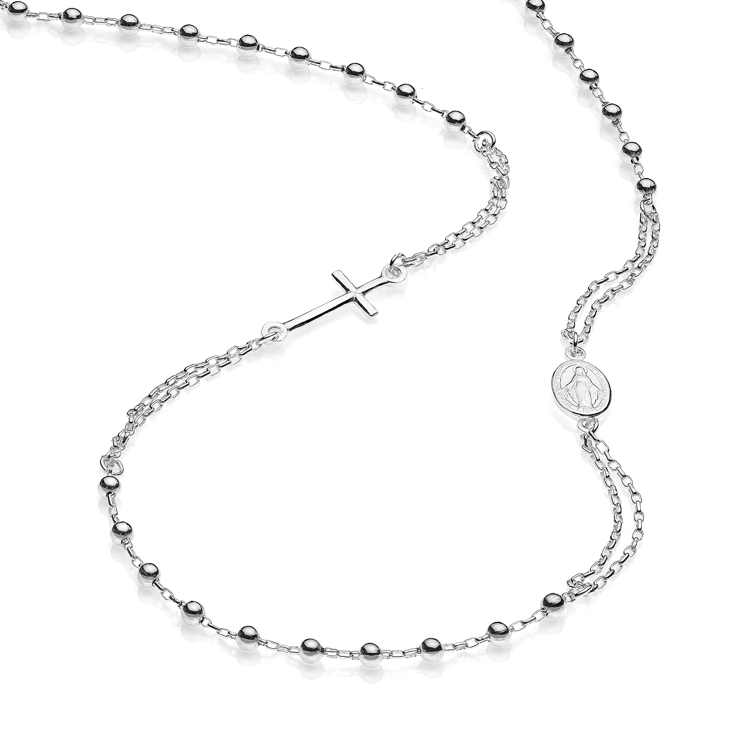 AKA Gioielli® - 925 Silber Rosenkranz Kette mit Jungfrau Maria und Kreuz - Halskette für Damen und Herren, längenverstellbar