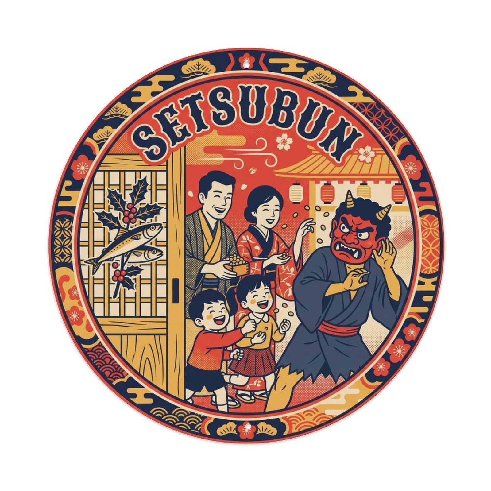 Olyhtr 8X8inch Classic Style Setsubun Bean Throwing Showa Red Navy Japan Metal Tin Sign