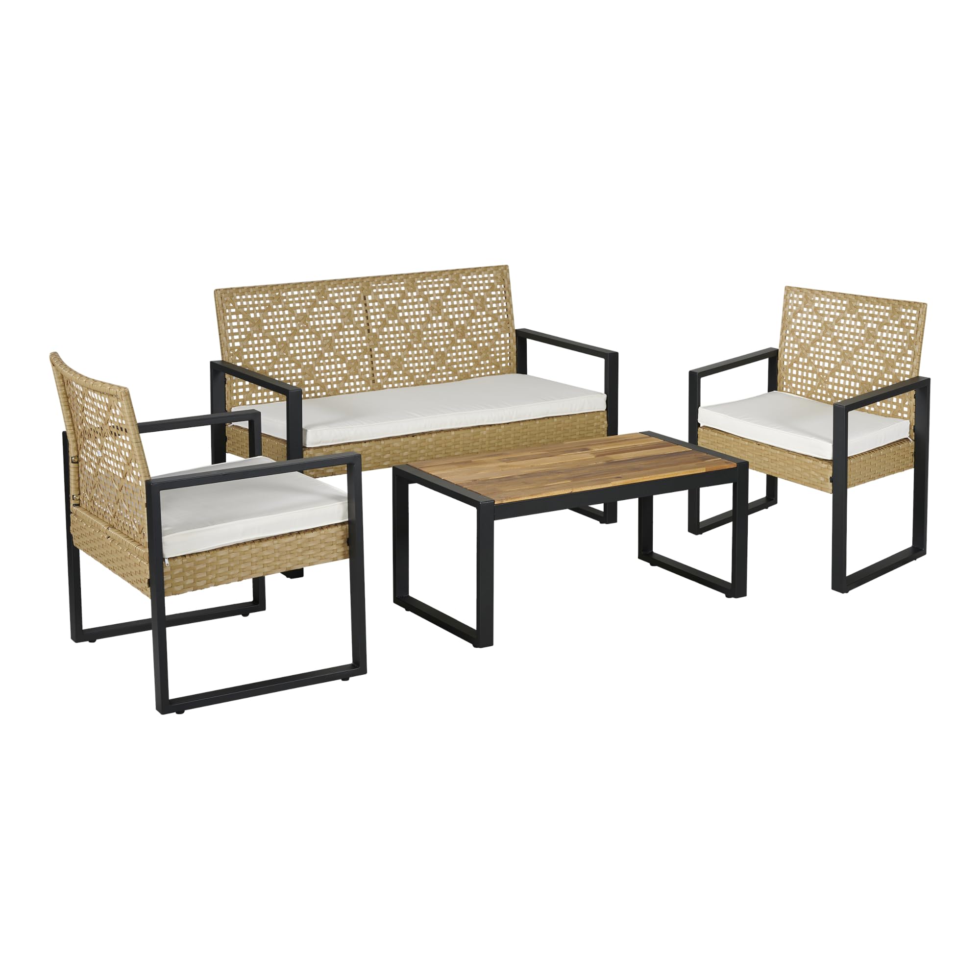 casa.pro Gartenmöbelset Calciano 4-TLG. Balkonmöbel Tisch mit Bank und 2 Stühlen Outdoor Sitzgarnitur Polsterkissen Lounge Möbel Rattan-Optik wetterfest