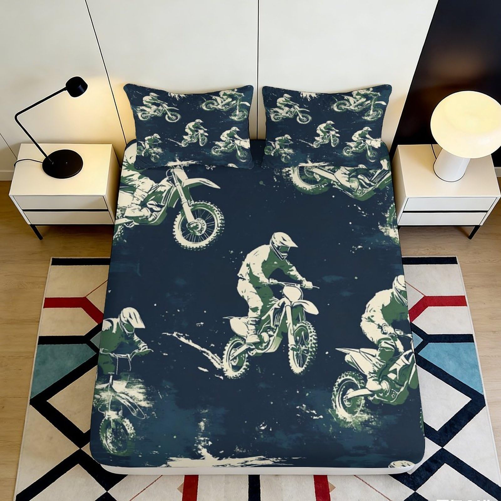 3D Printed Motocross Rider Fitted Sheet Microfiber Dirt Bike Bed Cover for Bedroom Guest Room Decor Easy Care 90x200x25cm