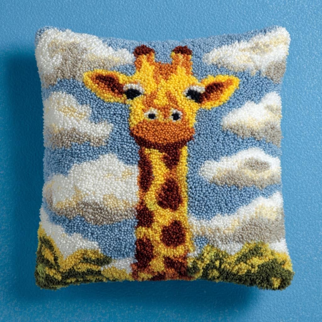 Taxpy DIY Latch Hook Pillow Kit Pre-Printed Hook and Latch Rug Kits Giraffe 17X17 Inch.Cross-Stitch Embroidery Cushion Cover for Home Sofa Decoration