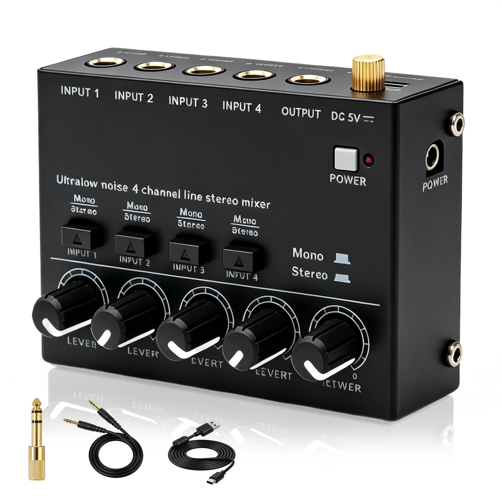 Mélangeur Audio à 4 Canaux: Mixeur Audio Stéréo Avec Réglage Du Volume, Mini Audio Mixer Avec Câble De Commutation De 3,5 Mm à 6,35 Mm Pour Guitare Basse Microphone Dj Musique Studio