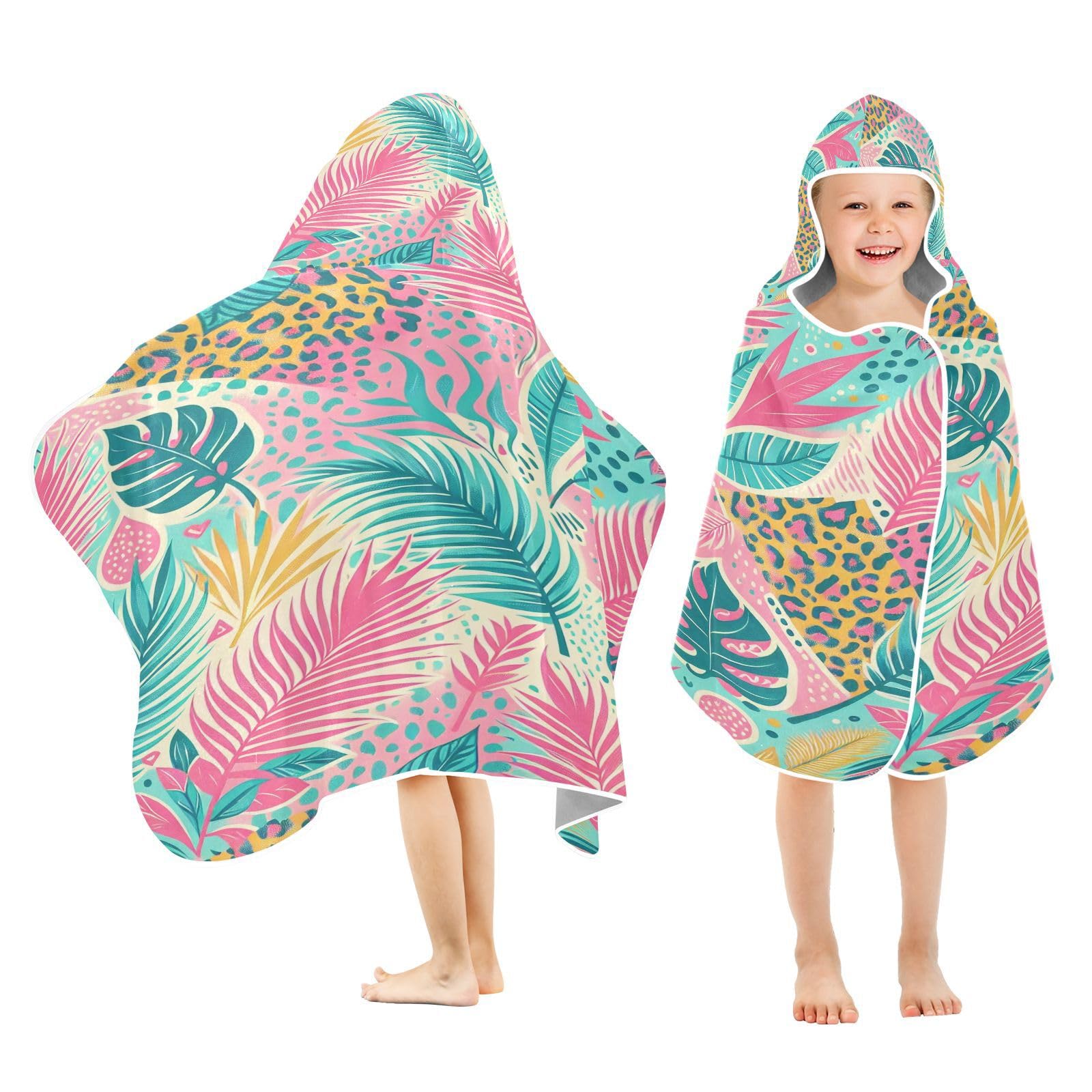 Kigai Palm Leaves Hooded Beach Towel for Kids Soft Absorbent Quick Dry Bath Towel with Hood Lightweight Toddler Shower Pool Bath Wrap for Boys Girls