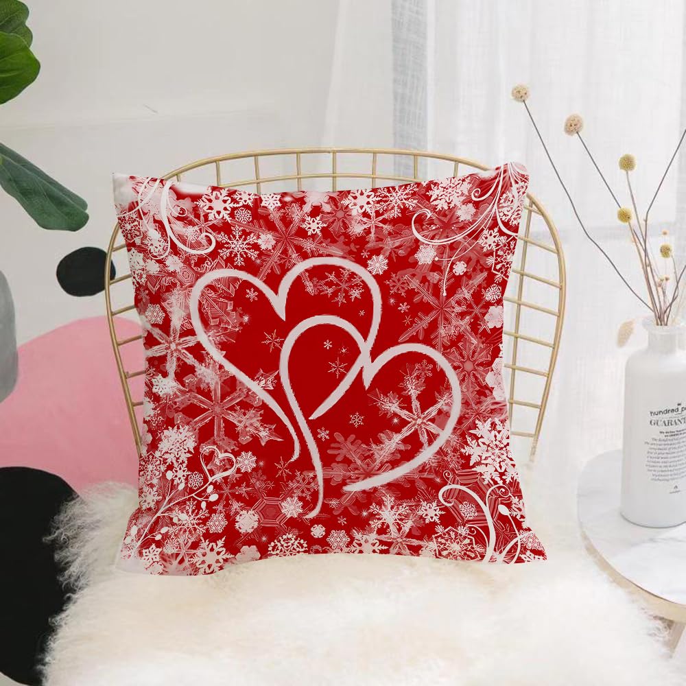 HYOSXW Cushion Cover,Throw Pillow Case Home Decorative for Living Room Bedroom Sofa Chair 16X16 Inch,Christmas background with big heart and snowflakes on red background,Pillowcase 40X40cm