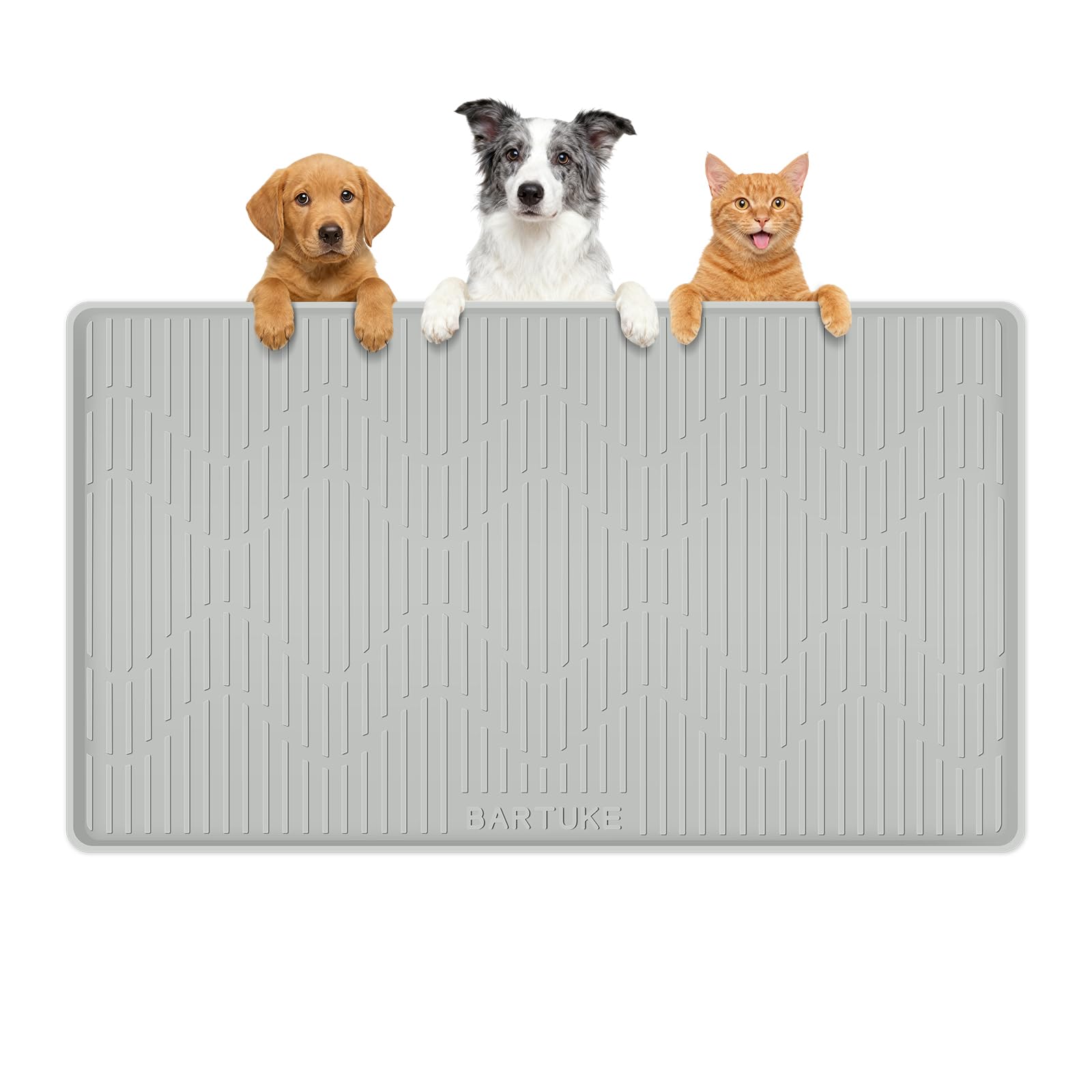 Bartuke Silicone Cat & Dog Food Mat, 28" x 22" Large Pet Feeding Mat for Cats and Dogs Bowl, Pet Placemat for Food and Water with Raised Edge, Waterproof, Leakproof (Grey)