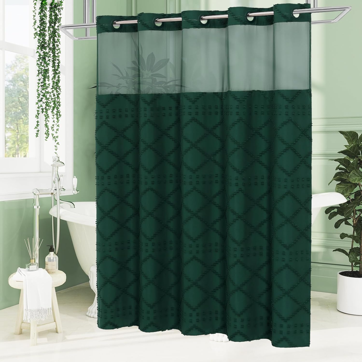 No Hooks Boho Dark Green Woven Fabric Shower Curtain 72 x 86 Modern Farmhouse, Tufted Chevron Striped Shabby Chic Textured, Minimalist Hookless Shower Curtains for Bathroom, Hotel Decor