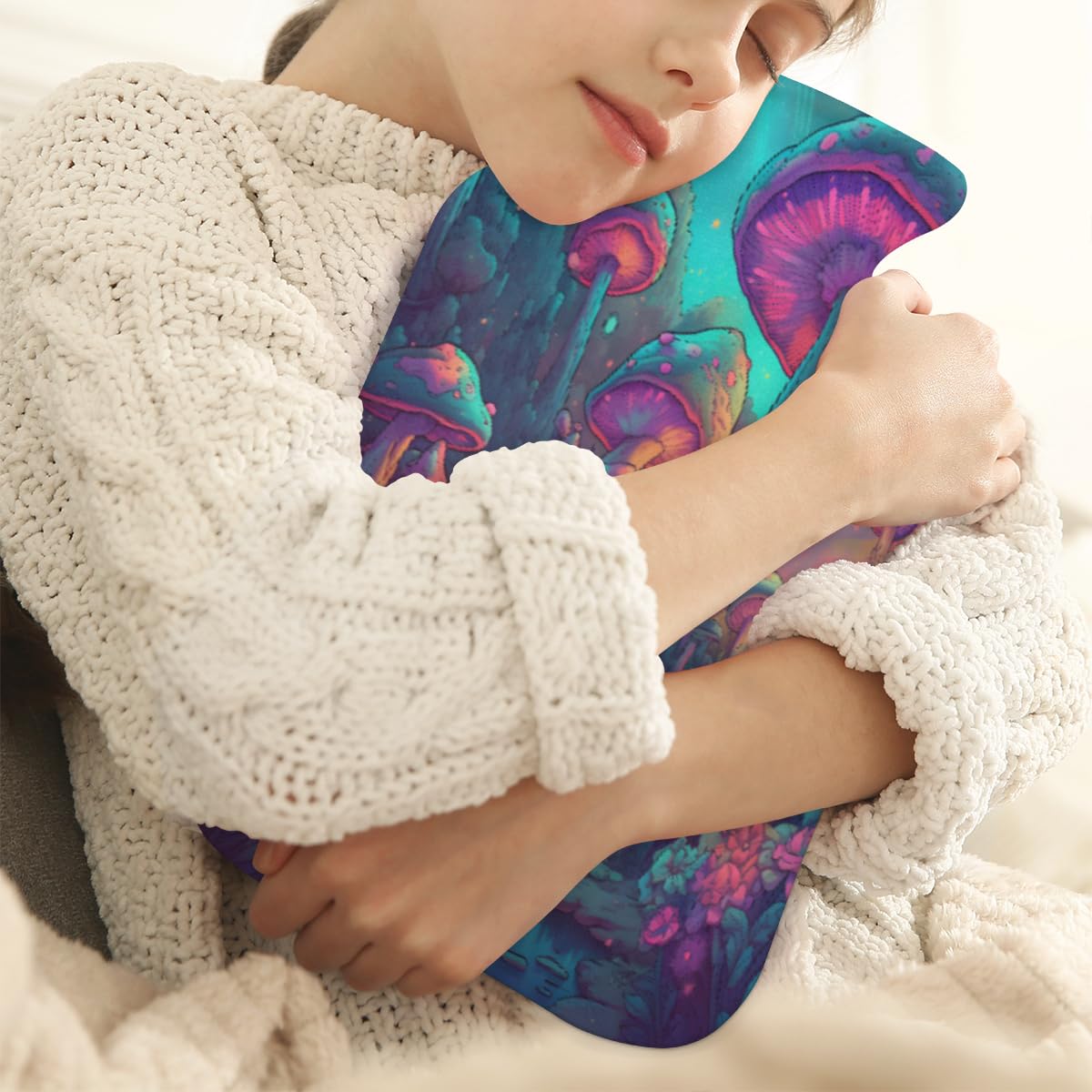 Hot Water Bottle with Soft Cover,2L Glowing Mushrooms Hot Water Bag for Hot and Cold Compress, Hand Feet Warmer, Dreamy Mushrooms Rubber Hot or Cold Water Bottle Halloween Christmas Decorations