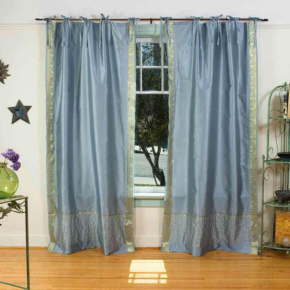 Indian Selections Gray Tie Top Sheer Sari Curtain/Drape/Panel - 80W x 84L - Piece