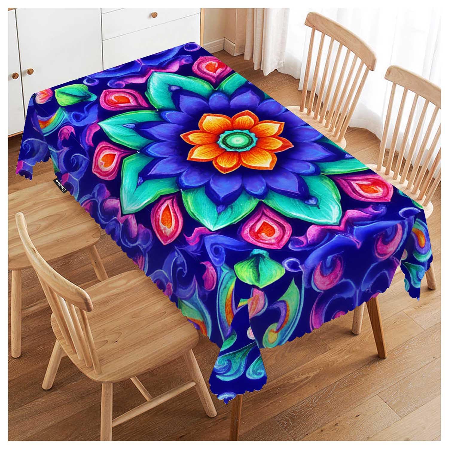 FJQWKLF Tablecloth 52"X70" Mandala Blue, Watercolor Mandala Floral Pattern Rectangle Table Cover Anti-Oil Tablecloth for Dining Tables, Parties, Wedding and Banquet Decoration