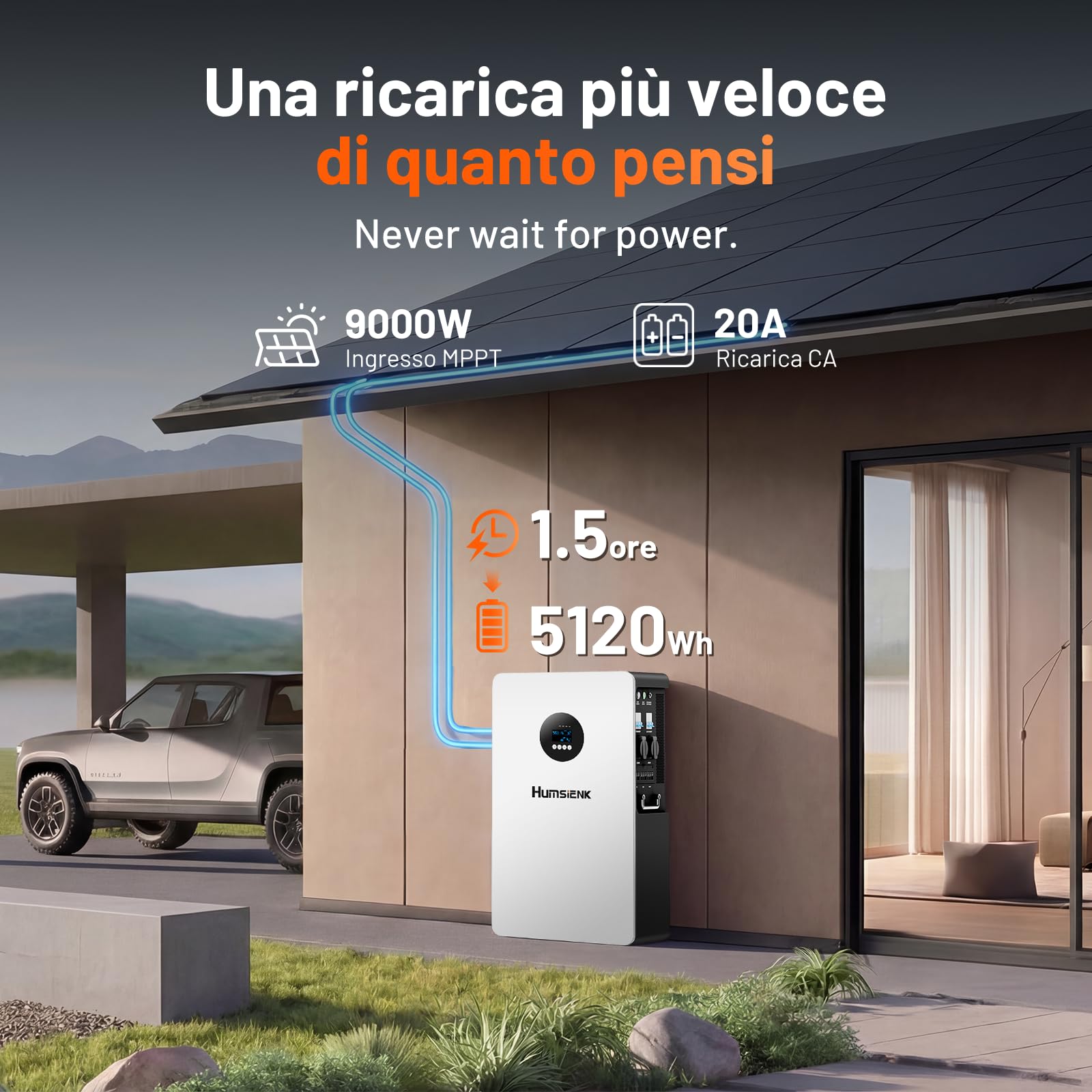 HumsiENK Sistema Solare All-in-One 6-in-1 5kW – Batteria LiFePO4 5.12kWh, Ingresso PV 9000W, MPPT 99.5%, UPS <20ms, BMS 200A con Bilanciamento Attivo 3A per Backup Domestico e Off-Grid