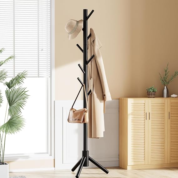 Pipishell Solid Wooden Coat Rack Freestanding with 8 Hooks, Black
