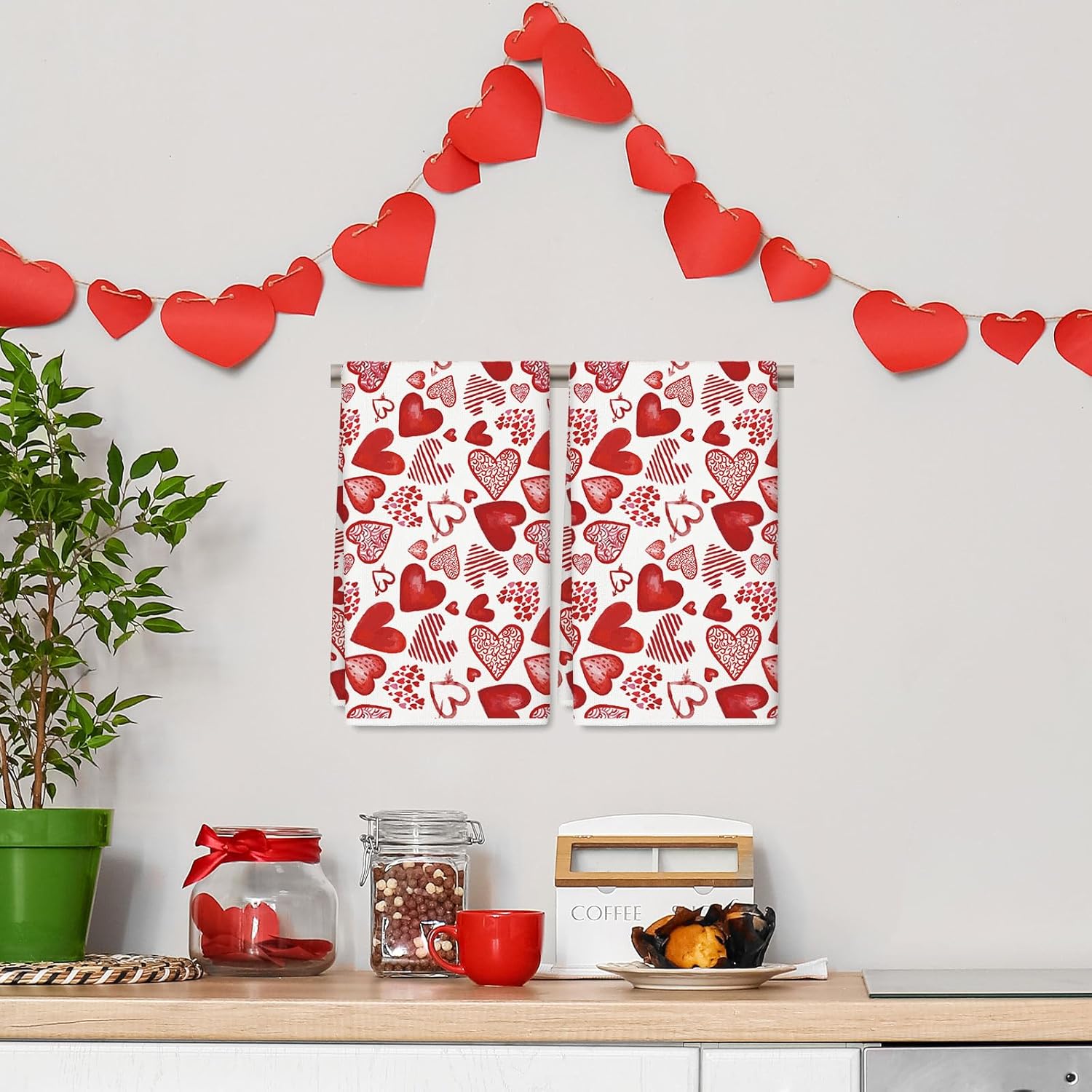 Valentine's Day Kitchen Towel Watercolor Red Hearts Dish Towels 18 x 28 Inch Watercolor Love Heart Hand Drying Tea Towel for Wedding Anniversary Cooking Baking, Set of 2 - Image 5
