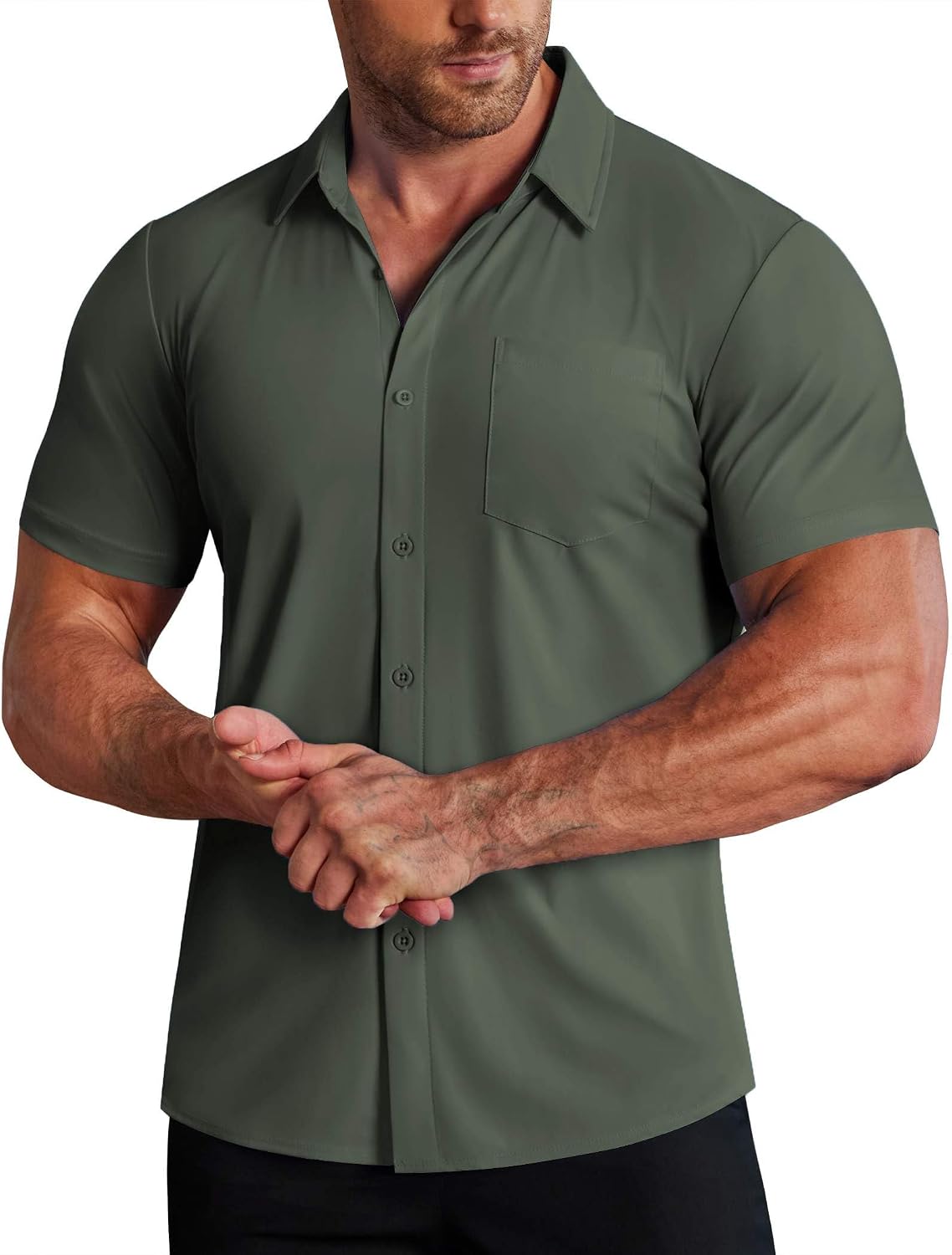 COOFANDY Men's Muscle Fit Dress Shirts Stretch Wrinkle-Free Short Sleeve Casual Button Down Shirts