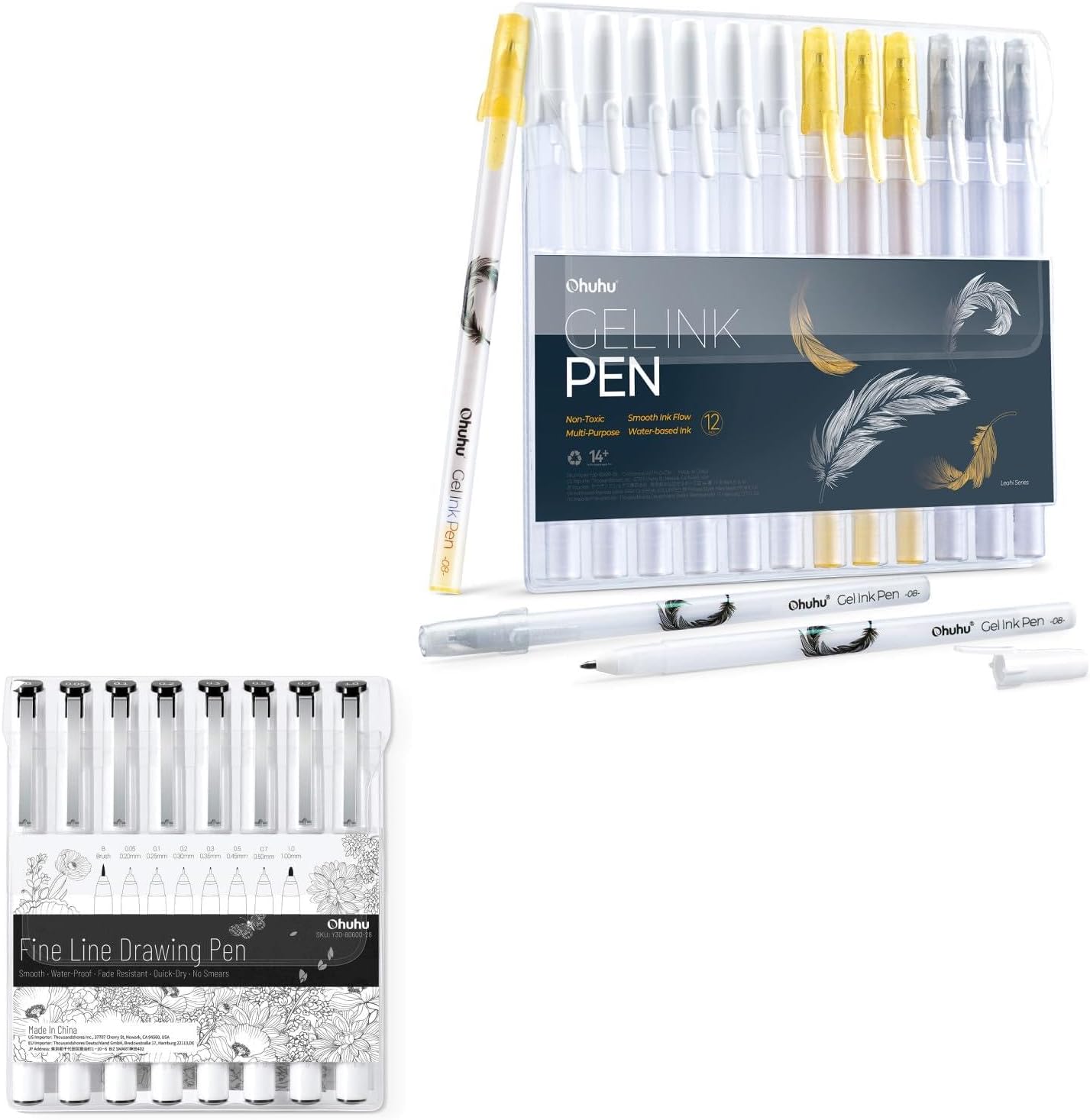 Ohuhu 12 Pack Gold Silver White Gel Pens & Fineliner