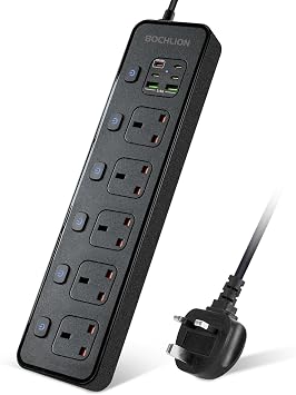Extension Lead with 6 USB Slots, 5 Way Plug Extension Socket Surge Protection Power Strip with PD30W USB C Slot, Independent Switches and 2M Extension Cord Wall Mounted for Home Office-Black