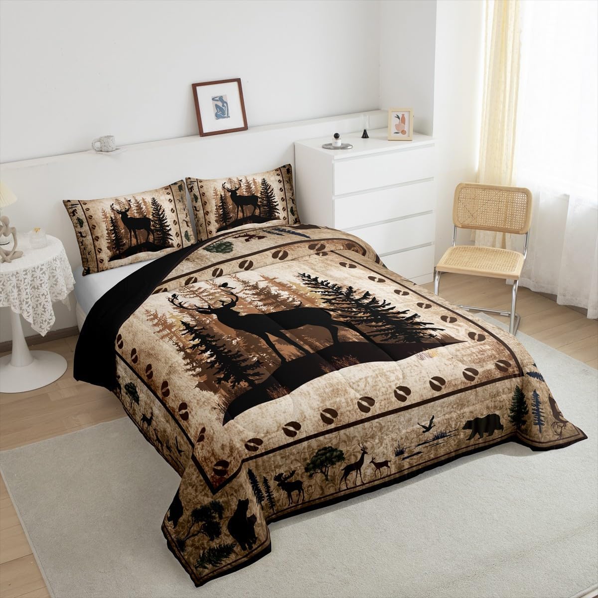 Feelyou Farmhouse Deer Comforter Set for Kids Boys Girls,Deer Hunting Comforter King Size Cute Deer Bedding Set Bedroom Decor,Western Wild Decor Duvet Set Tree Quilt Set 3Pcs