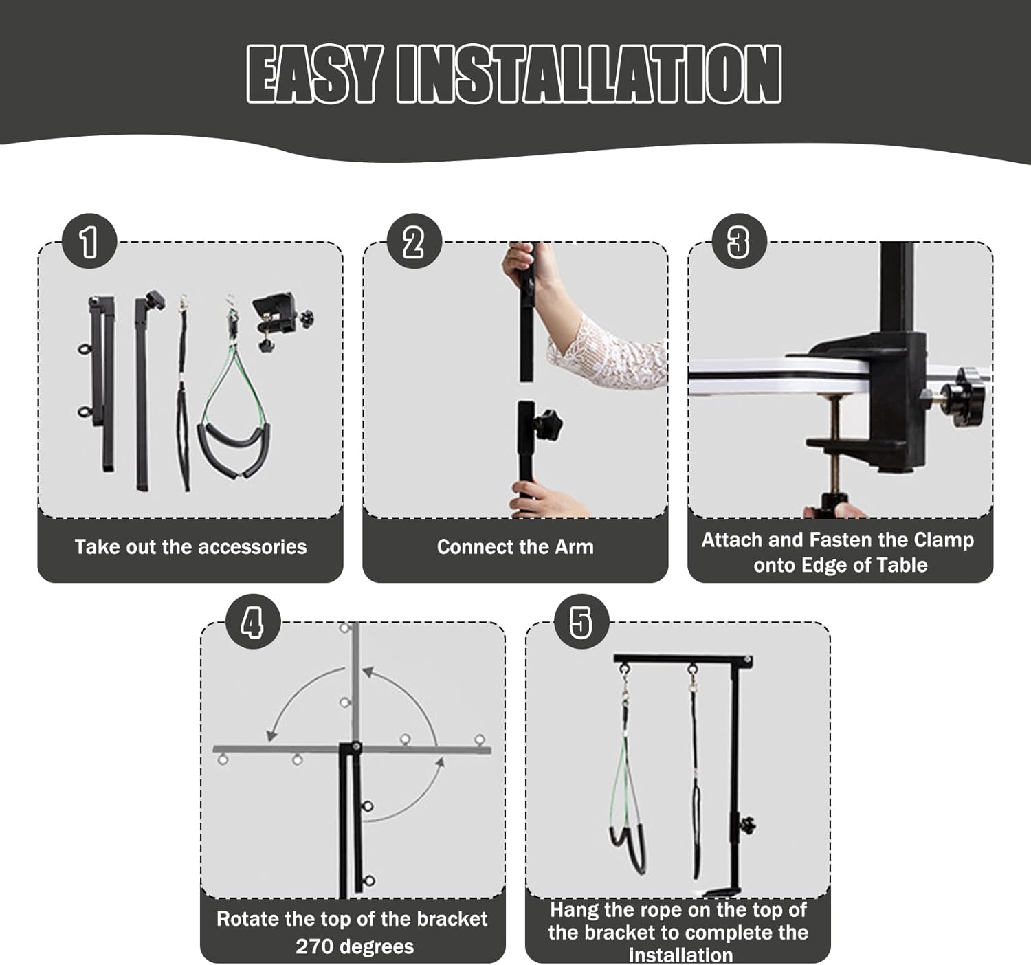 Dog Grooming Table Arm with Metal Clamp,35" Adjustable Portable Arm for Table with 1 Loop Noose & Two No Sit Haunch Holder,Grooming Restraint for Small Medium Pets