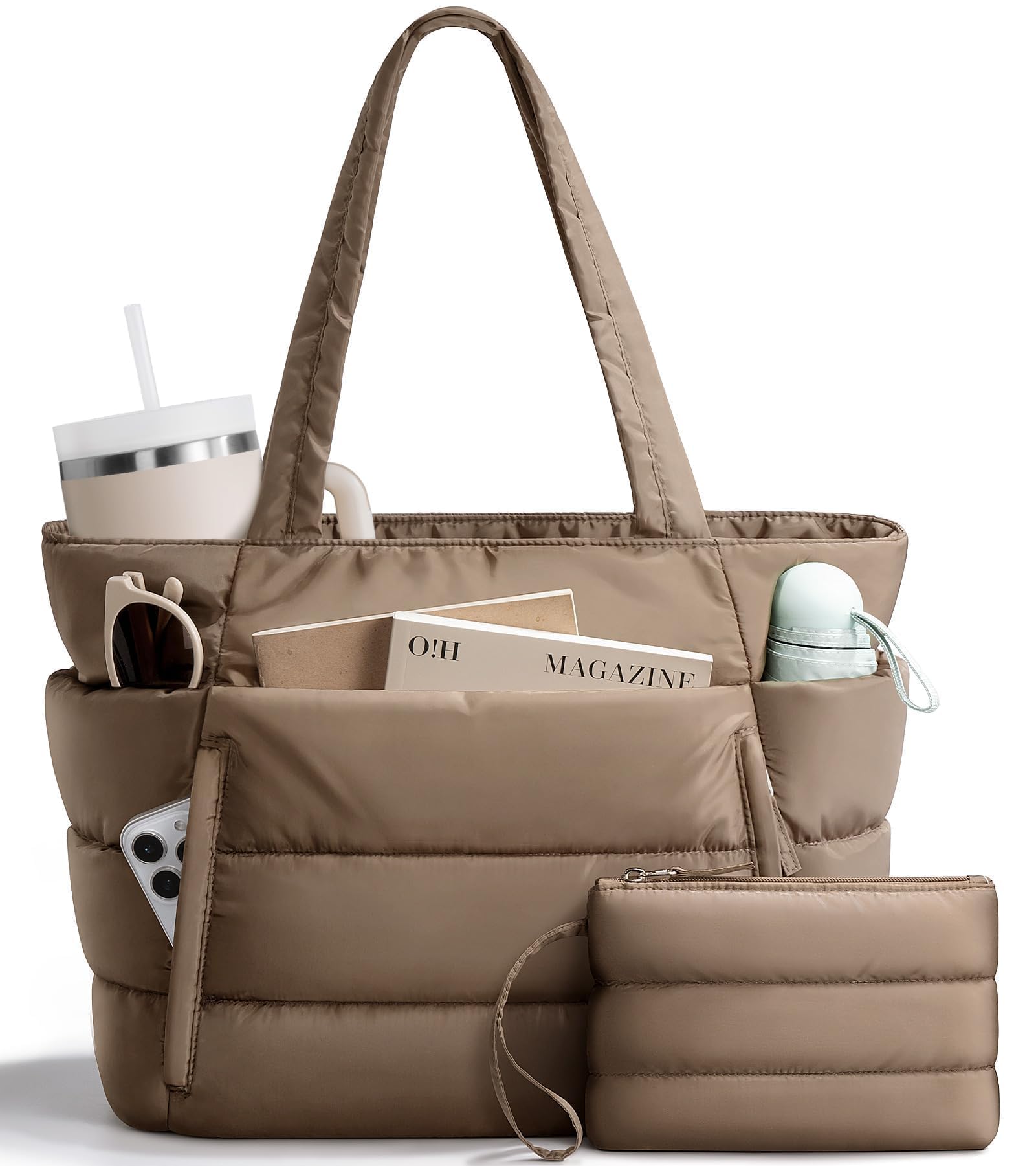 Bagstellar Puffer Tote Bag for Women, Lightweight Puffy Work Handbag Teacher Nurse Quilted Shoulder Bag for School Travel Gym | Cloud Bag w/ Zipper, Daily College Bags, 15.6" Computer Bag, Clinical Nursing Bag, 40 OZ Tumbler Holder, Ideal Gift for Women Dark Khaki