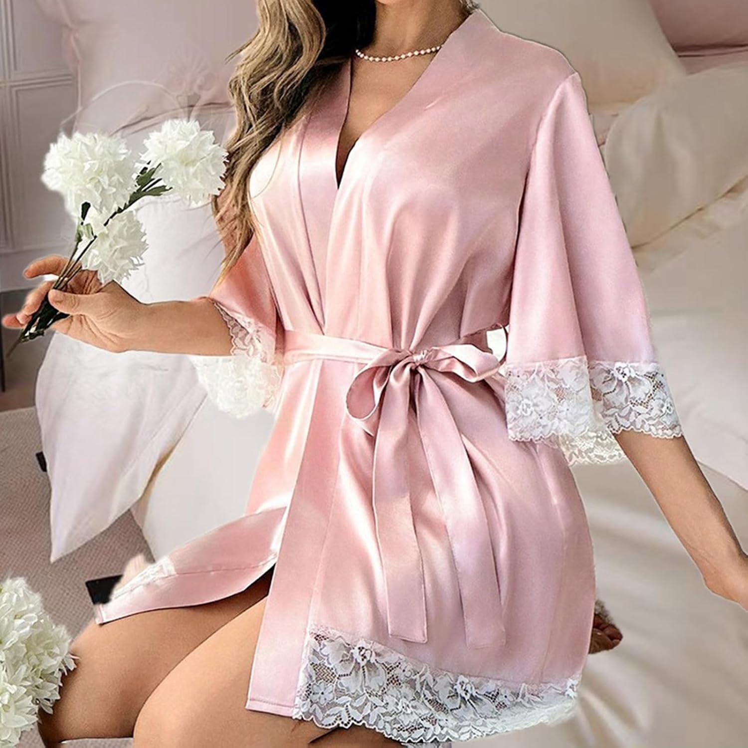 Silk Robes for Women Shawl Collar Satin Bathrobe Long Bride Wedding Party Robe Lightweight Sexy Sleepwear (US, Alpha, Medium, Regular, Regular, Pink)