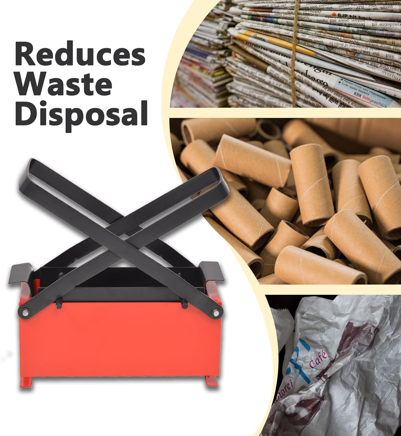 Pemberly Row Steel Paper Log Briquette Maker, 13.4"x5.5"x5.5", Black/Red Finish, Durable Steel Frame, Manual Operation, Fireplace or Fire Pit Accessory for Recycling Paper to Fuel