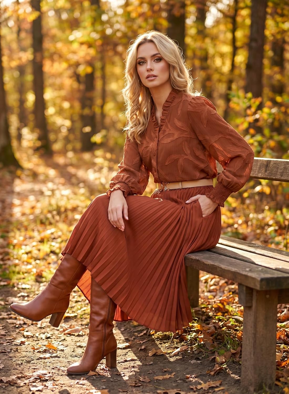 Astylish Womens Leaf Embroidery Button Down Shirts V Neck Ruffle Collar Puff Long Sleeve Tops