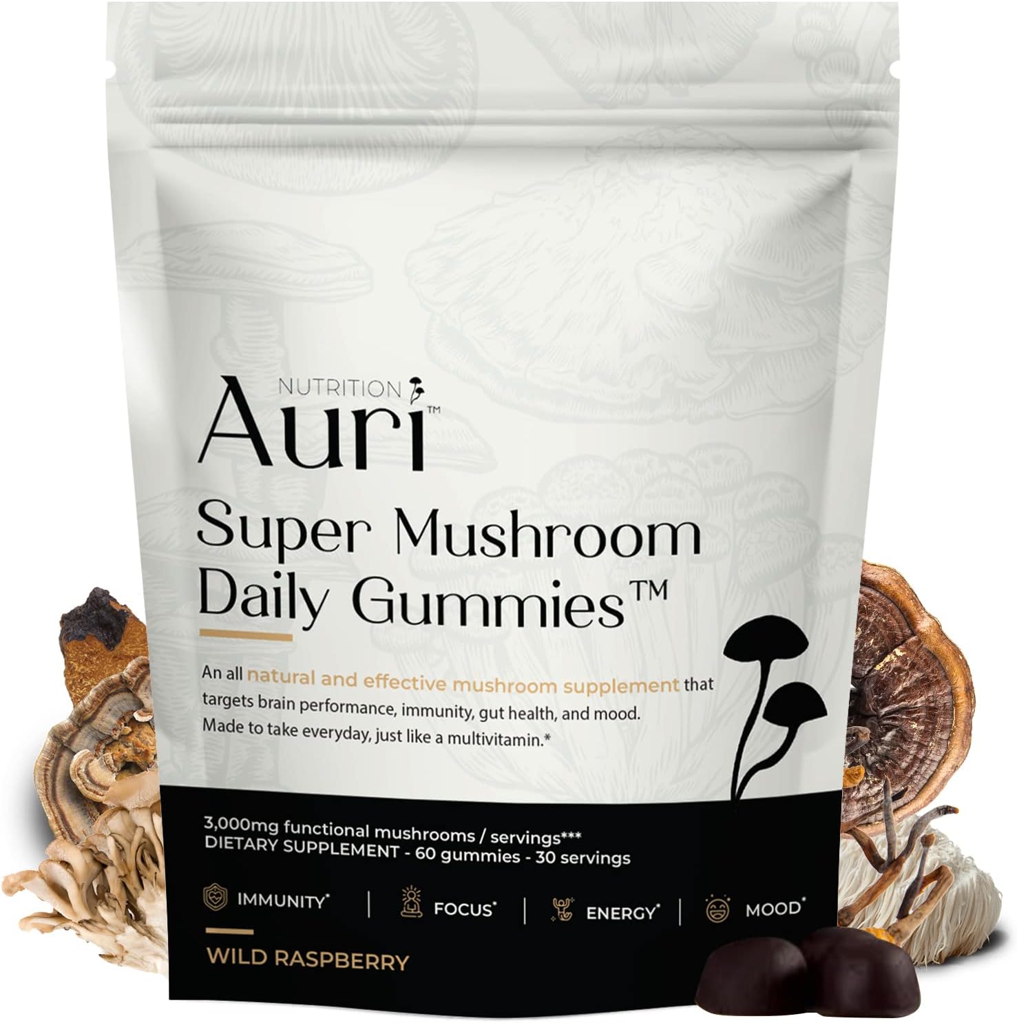 Auri Super Mushroom Gummies - All-in-One Daily Supplement Gummy - 12 Mushroom Blend with Chaga, Lions Mane, Reishi, Cordyceps - Boost Your Immunity, Focus, Energy, Mood - 60 Gummies
