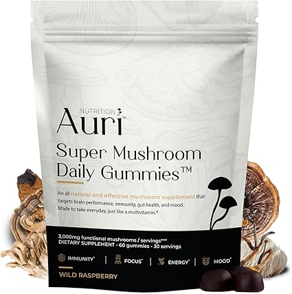 Auri Super Mushroom Daily Gummies - All-in-One Daily Mushroom Supplement Gummy - 12 Mushroom Blend with Chaga, Lions Mane, Reishi, Cordyceps - 60 Gummies