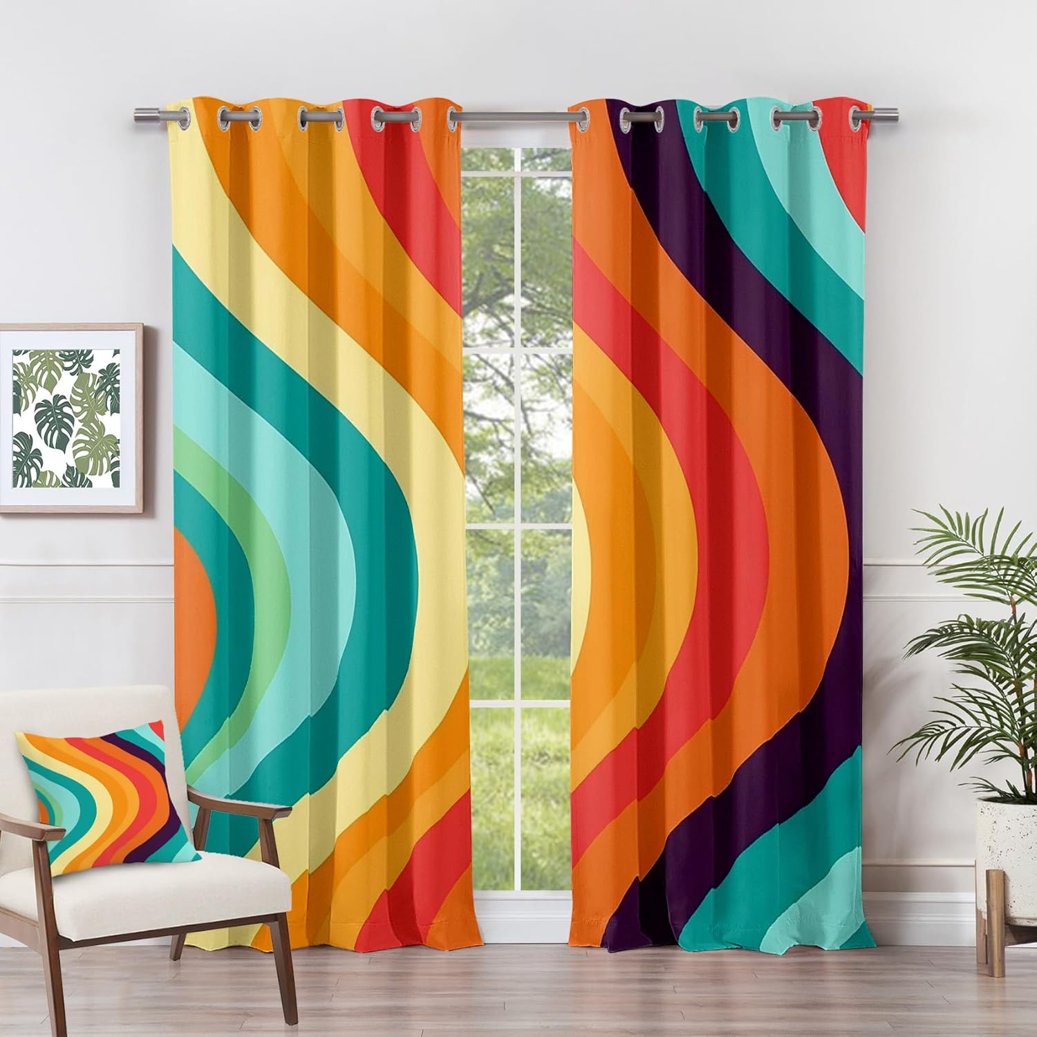 Retro Blackout Curtains 84 Inch Length 2 Panels Set - 70s Vintage Groovy Funky Abstract Wavy Curtains for Bedroom Living Room, Room Darkening Grommet Drapes Patterned Window Treatments