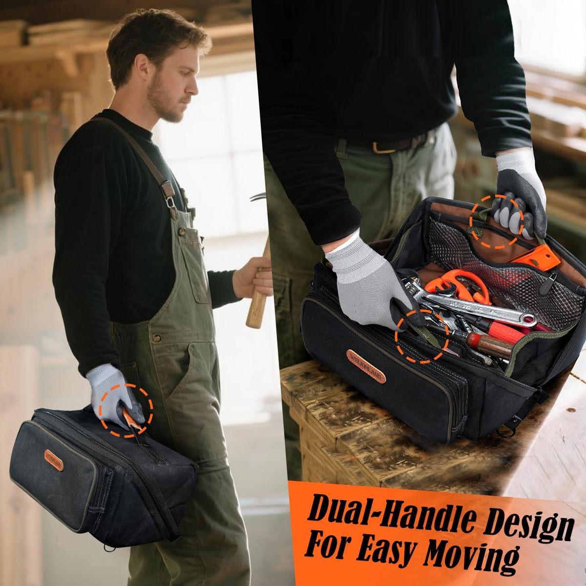 WELKINLAND LayFlat Tool Pouch Organizer, 13-Inch Small Tool Bag, Heavy-Duty Waxed Canvas Tool Pouch, 5-Pocket Small Tool Bags with Zipper, Wide-Open Electrician Tool Bag - Image 6