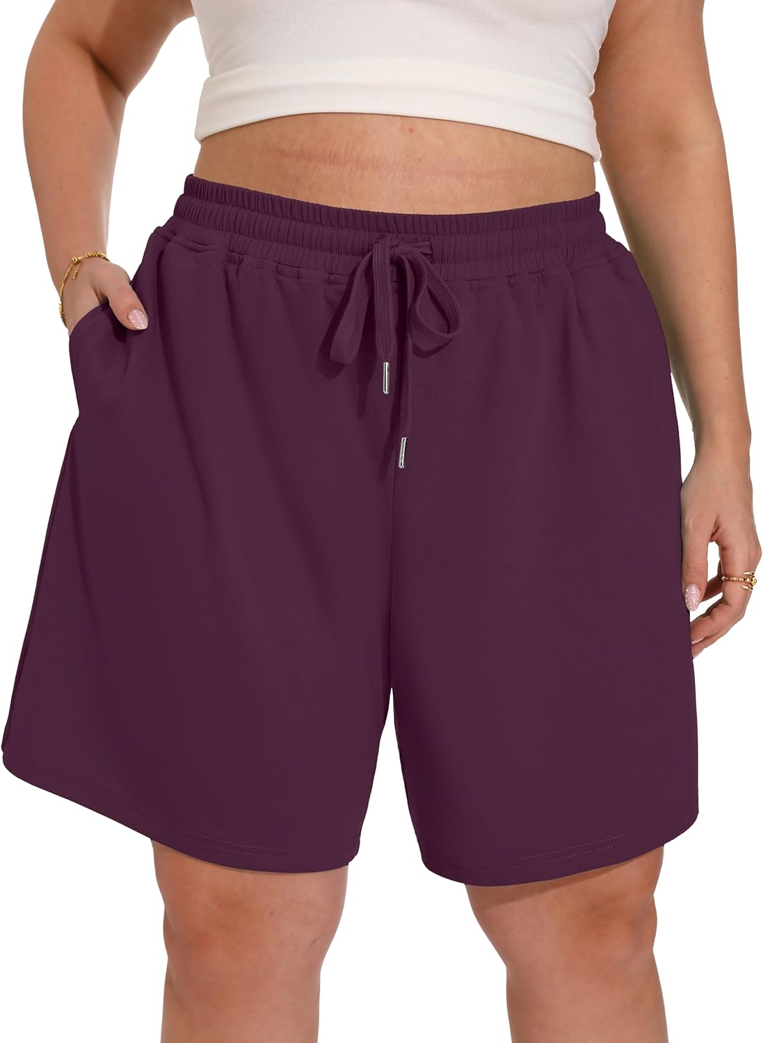 OLRIK Plus Size Bermuda Shorts for Women - 8 Inch Long High Waisted Summer Sweat Shorts Walking Athletic Shorts with Pockets