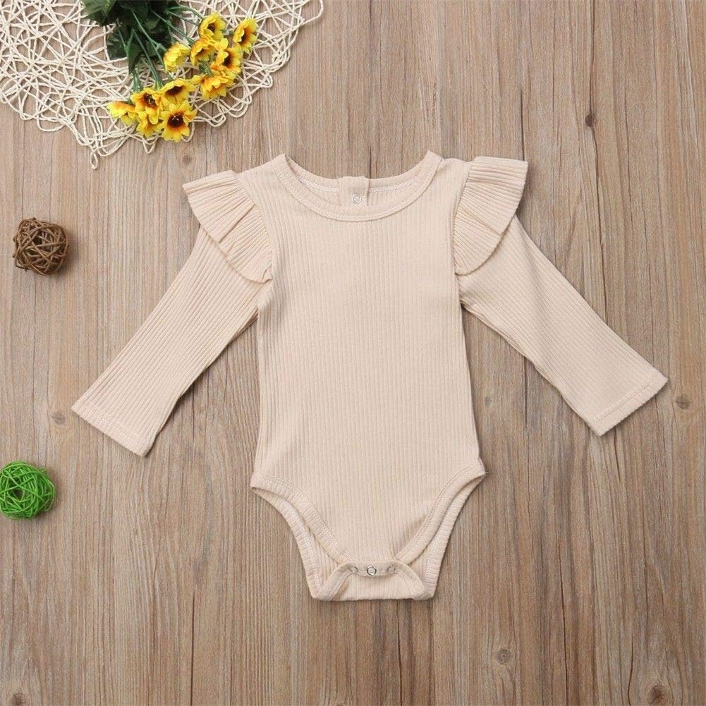 Mubineo Infant Baby Girl Basic Plain Rib Knit Ruffle Long Sleeve Romper Bodysuit Tops - Image 3