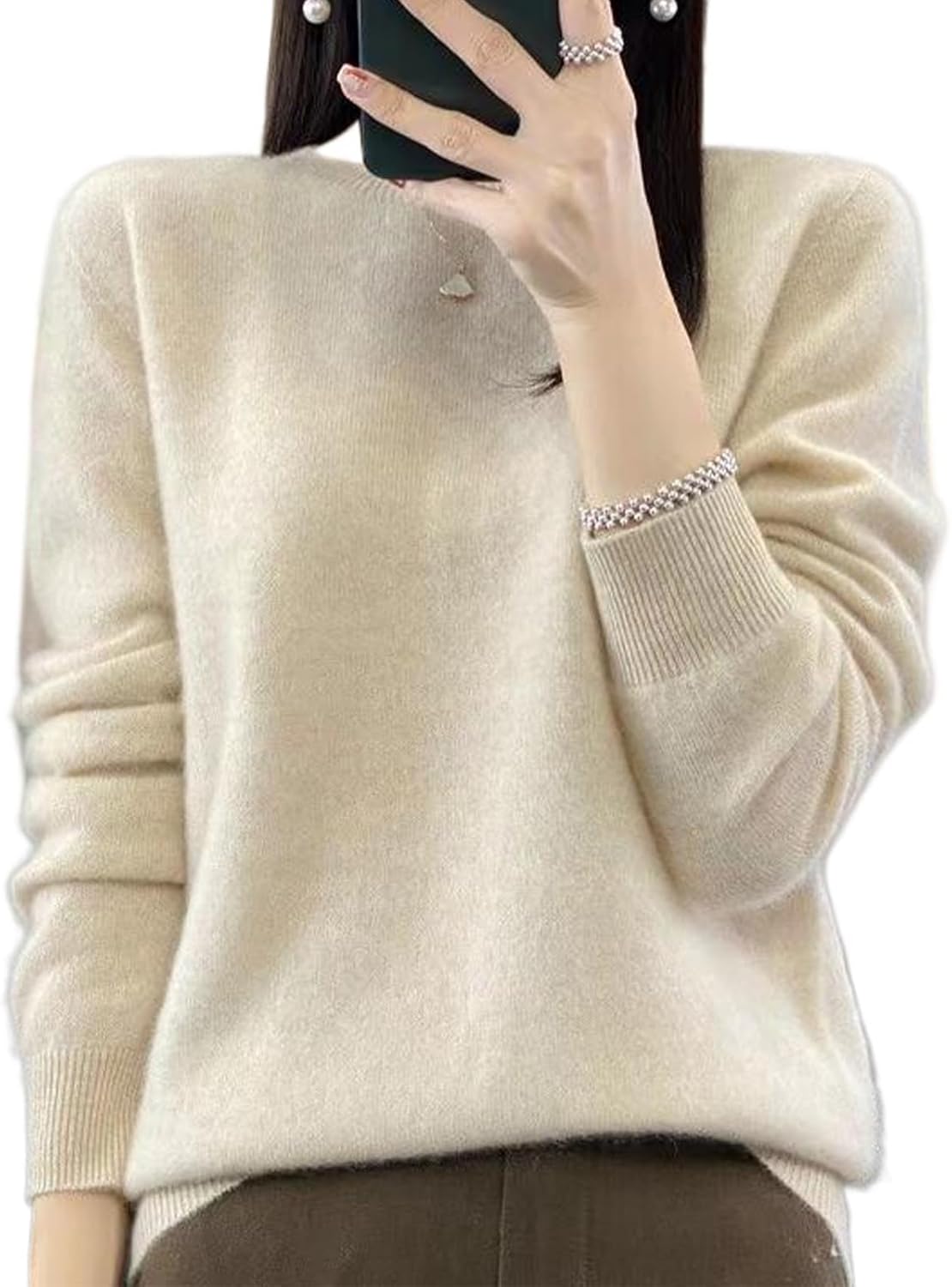 Cashmere Sweaters for Women Crew Neck Long Sleeve Pullover Knit Jumper Soft Lightweight Solid Basic Tops