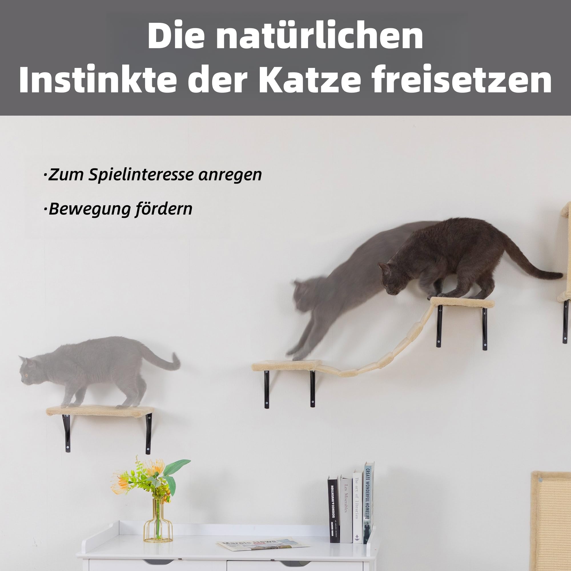 Katzen Kletterwand Set 5-teilig – Wandmontierte Katzenwand mit Katzenhaus, Katzenbrücke & Kratzbrett, Platzsparende Kletterwand Katzen für Wohnung, n, Katzenbrücke (beige)