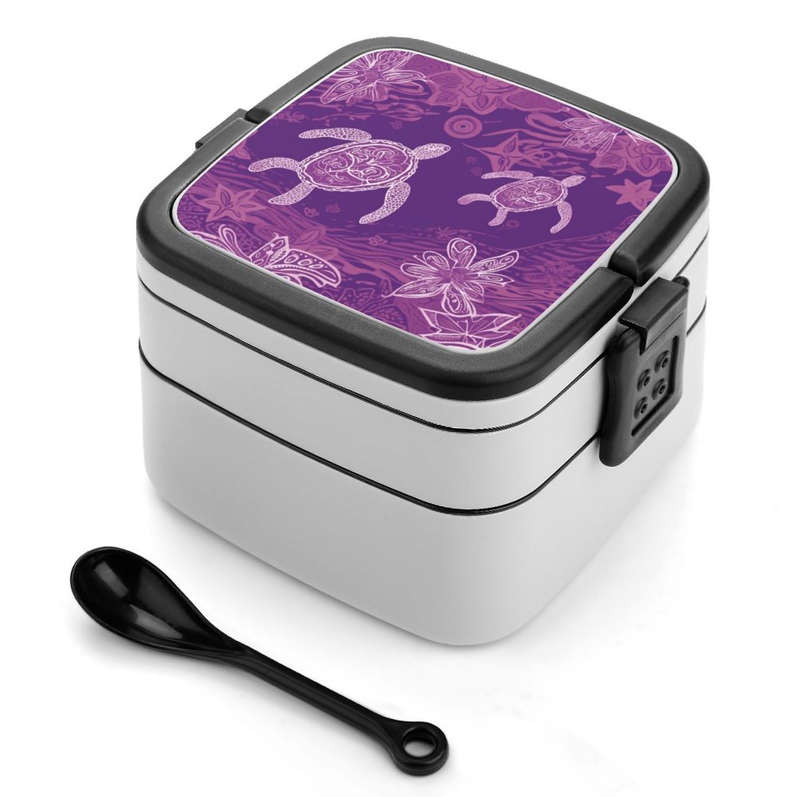 VstaDank Hawaii with Purple Sea Turtle Bento Box with Compartments Portable Lunch Containers with Spoon Leak Proof Bento Lunch Box Snap-On Design Double-Layer Insulated Lunch Boxes for Work Camping