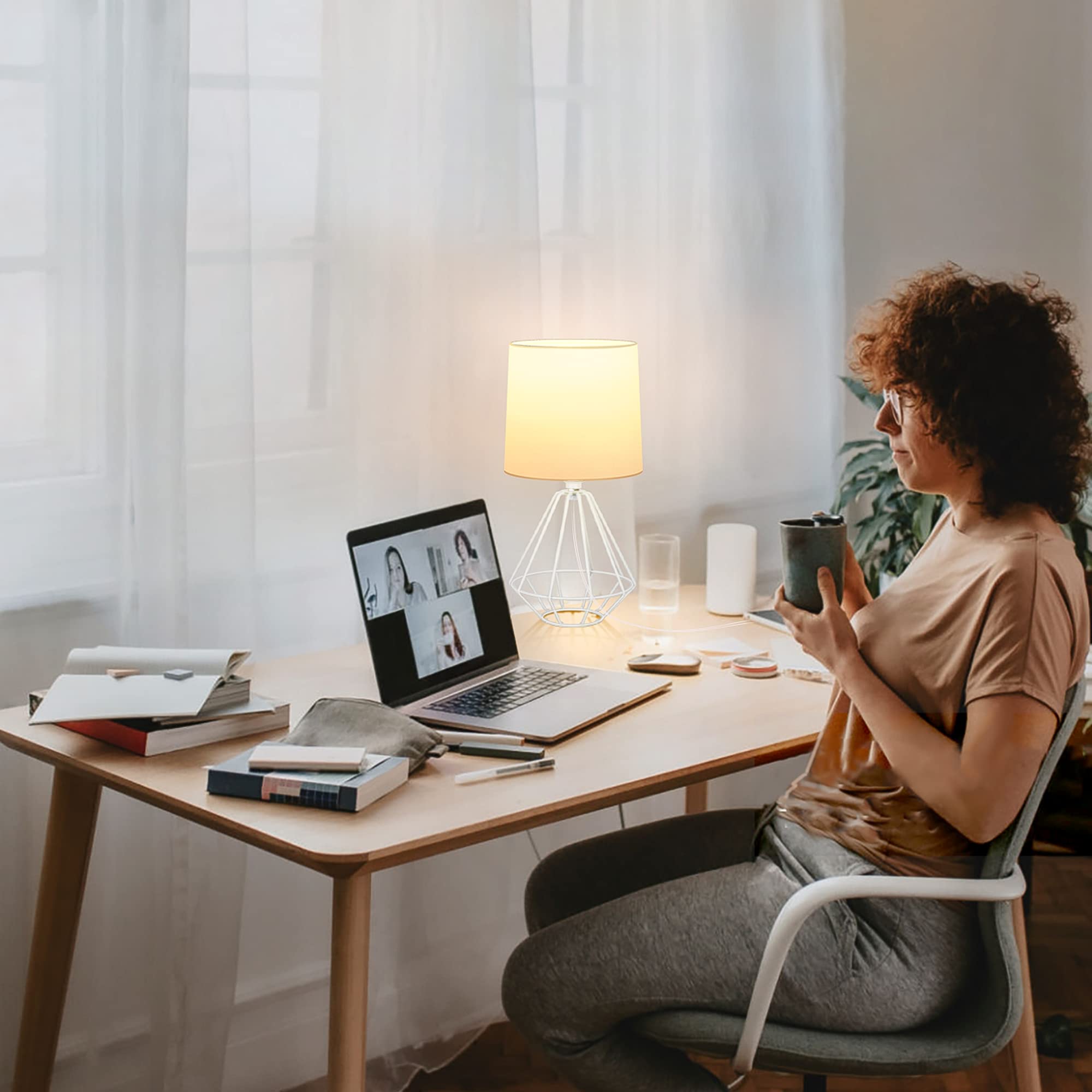 GGOYING 2-Pack Table Lamp, Modern Bedside Lamp with White Metal Base, Fabric Shade for Nightstand Bedroom Living Room Office Working Reading (Bulb not Included)