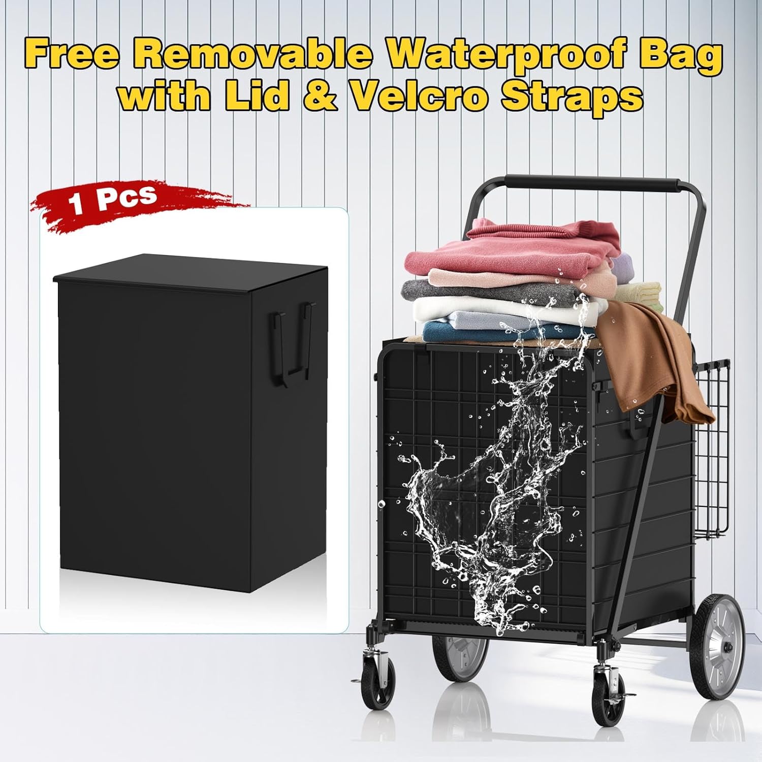 5.7 Cu Ft Folding Shopping Cart - 600 LB Capacity Grocery Cart with 360° Braked Swivel Wheels - Heavy Duty Utility Cart with Double Basket & Removable Waterproof Liner with Lid for Laundry