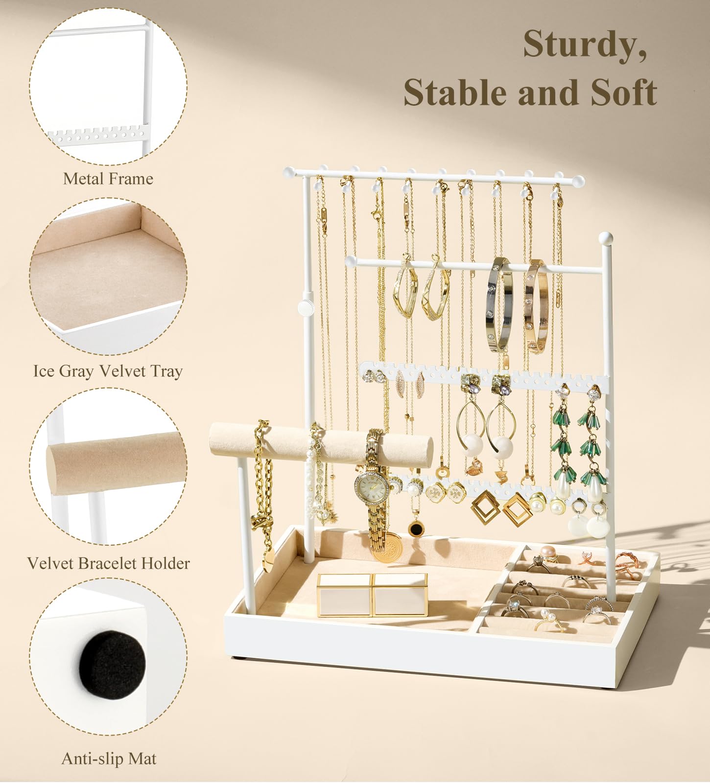 Emibele Porta Joyas de Pie, Organizador de Accesorios para Collares, Pendientes y Pulseras, Exhibidor de 5 Niveles con Bandeja, Presentador Elegante para Regalo Mujer, Blanco