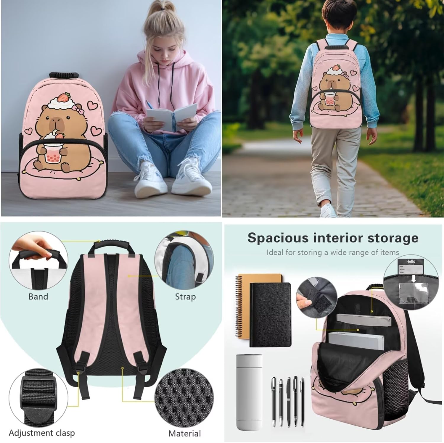 3PCS Cute Capybara Kids Backpack for Girls Pink Strawberry Milk Tea Backpacks Lightweight Elementary School Bookbag with Lunch Box and Pencil Pouch