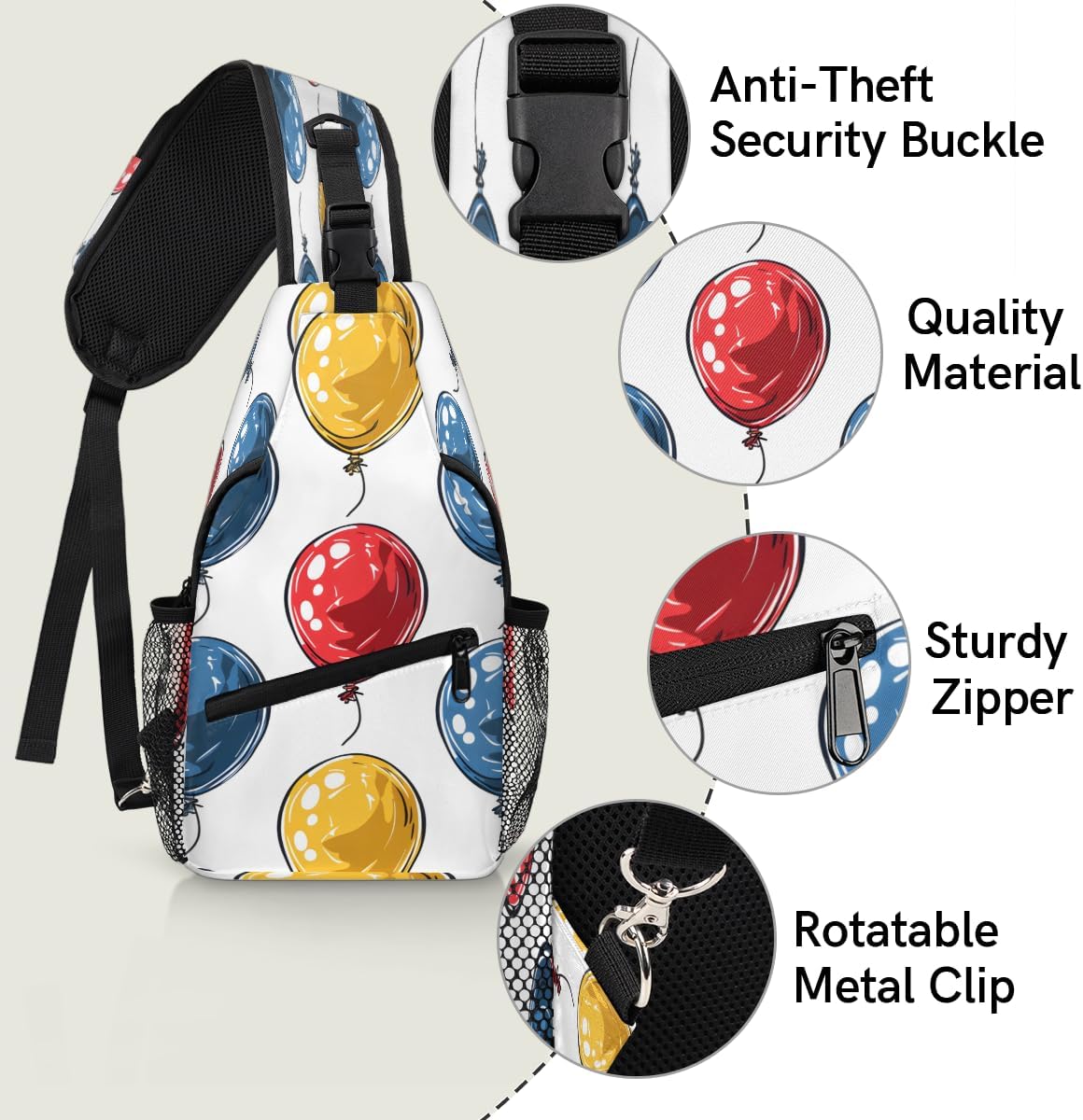 Colorful Balloon Crossbody Sling Backpack Sling Bag, Small Chest Bag Daypack Fanny Pack Cross Body Bag for Hiking Traveling Outdoors, Balloons