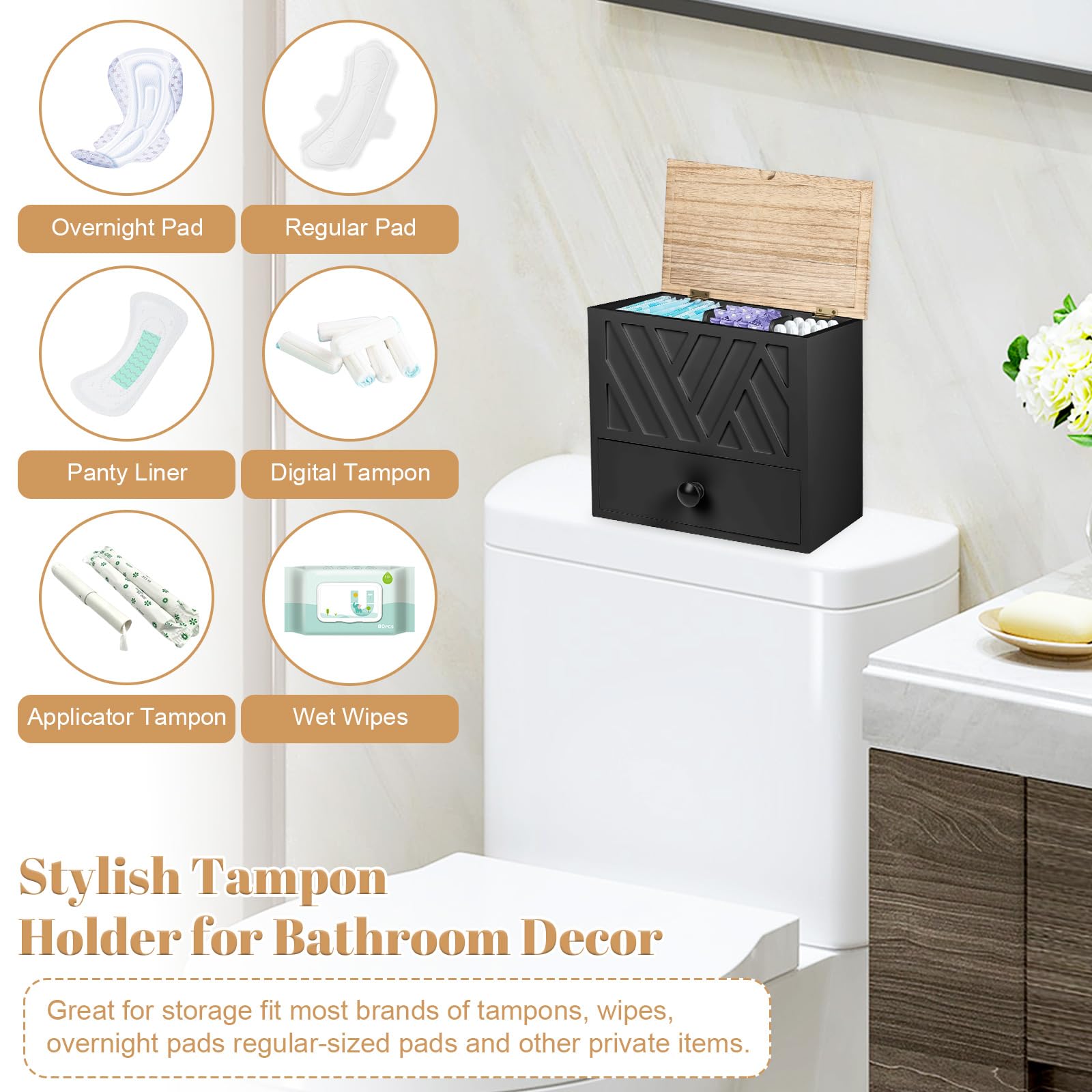 Binden Aufbewahrung Badezimmer,3 Fächer Tamponhalter mit Schubladen und Deckel,Vielseitige Tampon Aufbewahrungsbox Femininer Produkt-Organizer,Holz Aufbewahrungsbox Hygieneartikel (Schwarz)