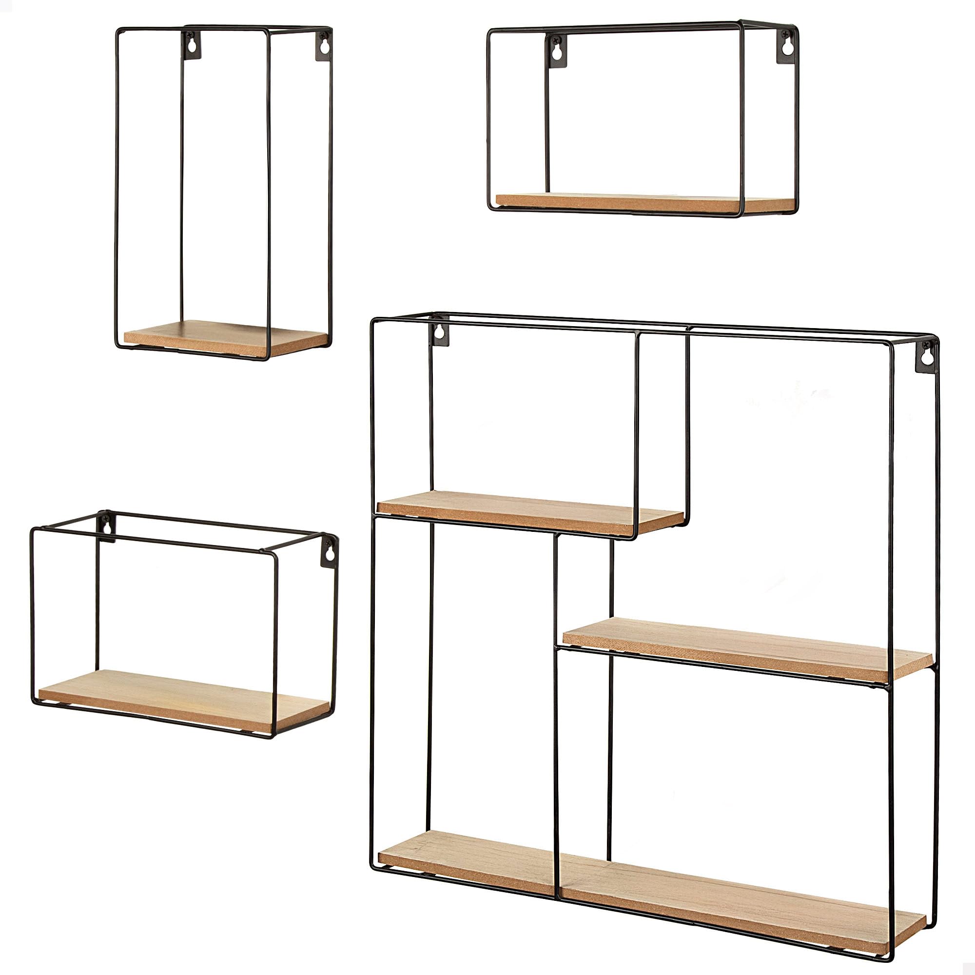 AKTIVE MAX Home Set of 4 Wall Shelves, Maximum Load 6 kg, Decorative, Rectangular, Metal Structure, with Shelves, Wood Effect, for Living Room, Bedroom, Office, Bathroom (18470)
