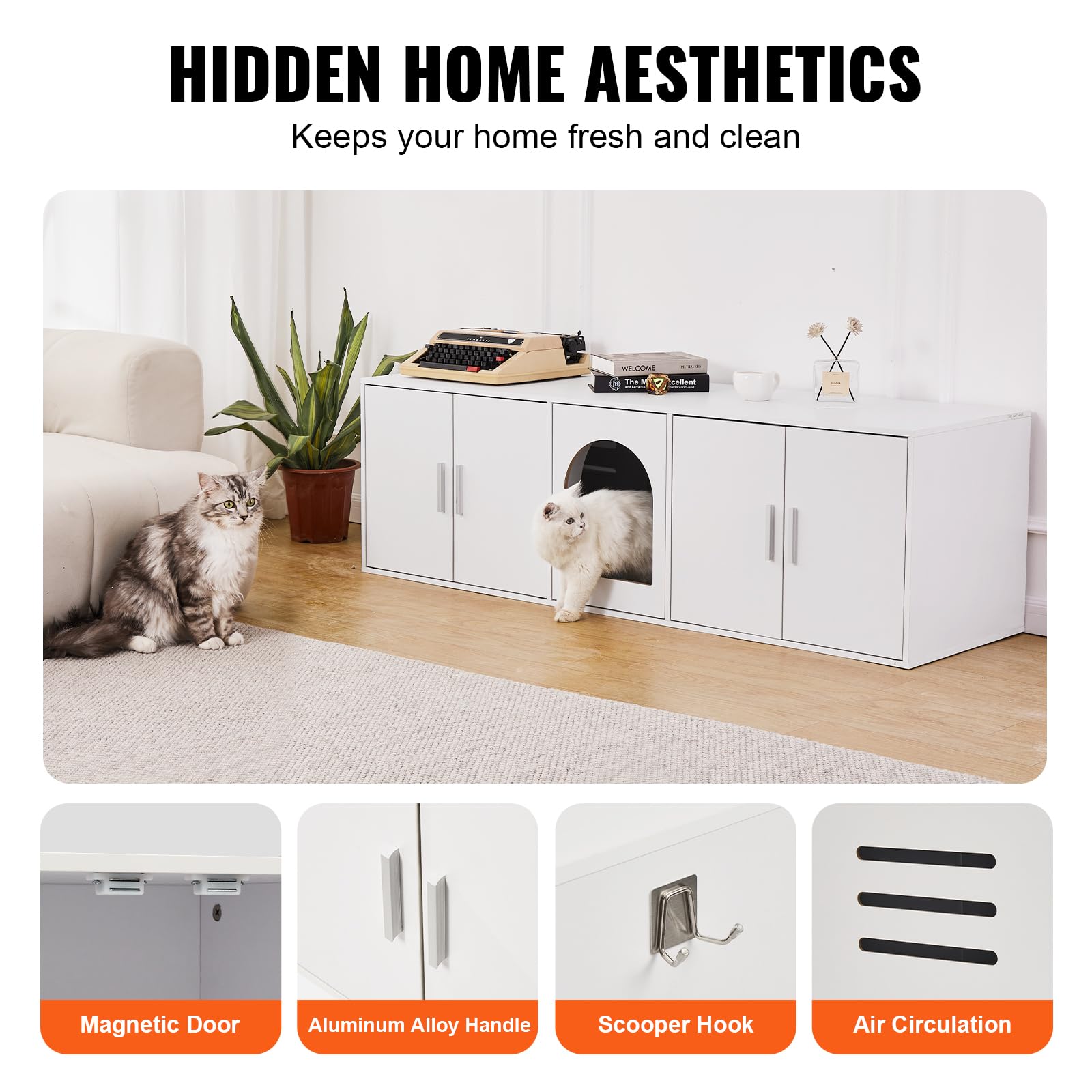 VEVOR Muebles de Baño Oculto para Gatos 1,47 x 0,46 x 0,45 m Casa de Inodoro Con Puertas Decoradas de Ratán Armario de Madera para Ocultar Las Cajas de Arena, Blanco