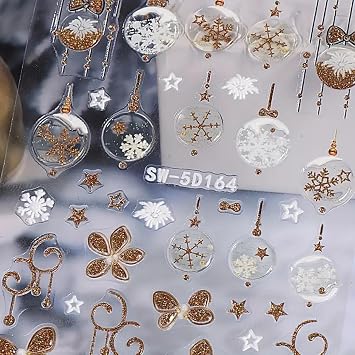 Christmas Nail Stickers - 5D Embossed Xmas Tree Lantern Ball Decals, Gold Glitter Elk & Snowflake Designs - Perfect for DIY Manicure & Nail Art Decorations