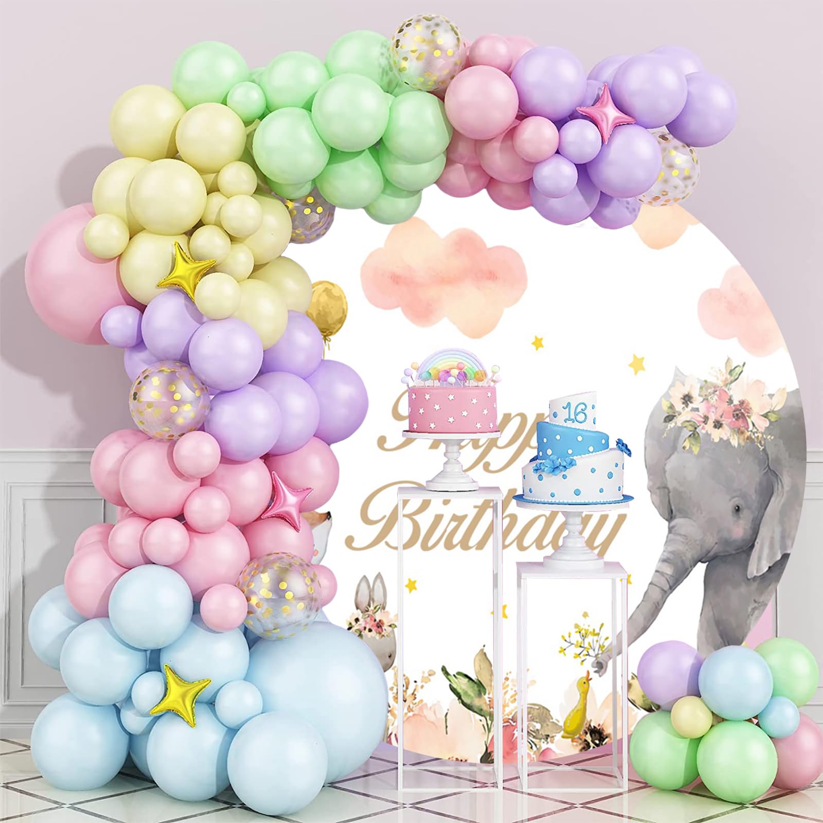 Ttinccer Felice Compleanno Sfondo 220cm Bambino Doccia Cartone Animato Elefante Coniglio Fotografia Sfondo Rosa Nuvola Fiore Oro Stella Ragazza Compleanno Rotondo Copertura di Sfondo