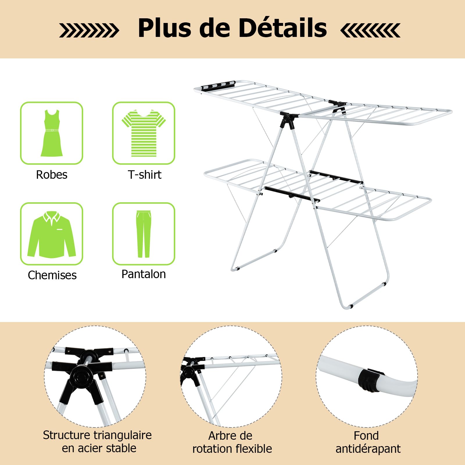 GIANTEX Étendoir Linge Intérieur, Tancarville 2 Niveaux avec Pinces Papillon Réglables, Séchoir à Linge Pliable Déjà Assemblé, Étendoir Linge Extérieur pour Draps & Vêtements, Blanc