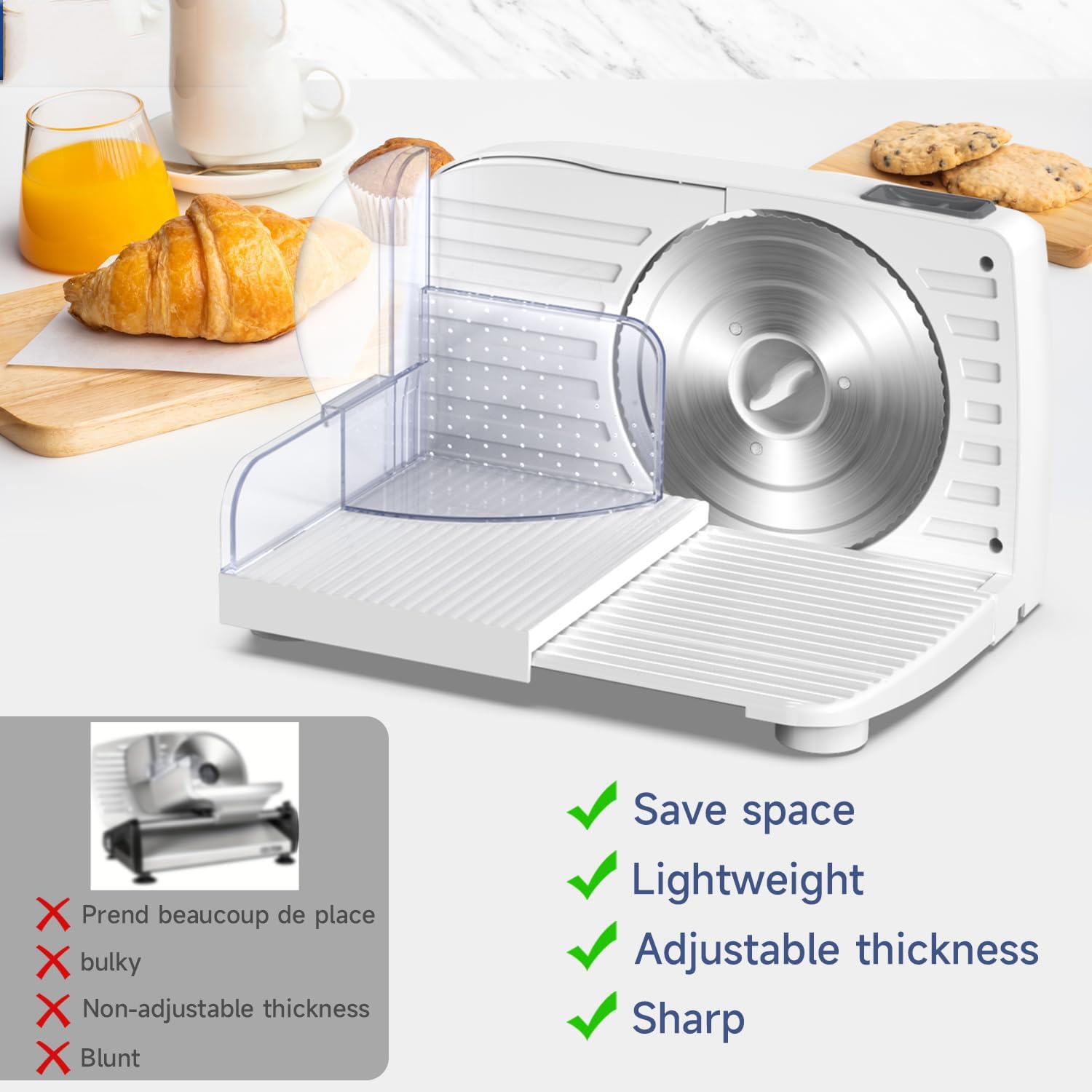 TYH Cortadora De Carne, Cortadora Eléctrica De 250 W para Fiambres, con Motor De CC Silencioso, 2 Cuchillas Extraíbles De Acero Inoxidable De 19 Cm (7,5"), Grosor Ajustable De 1 a 15 Mm